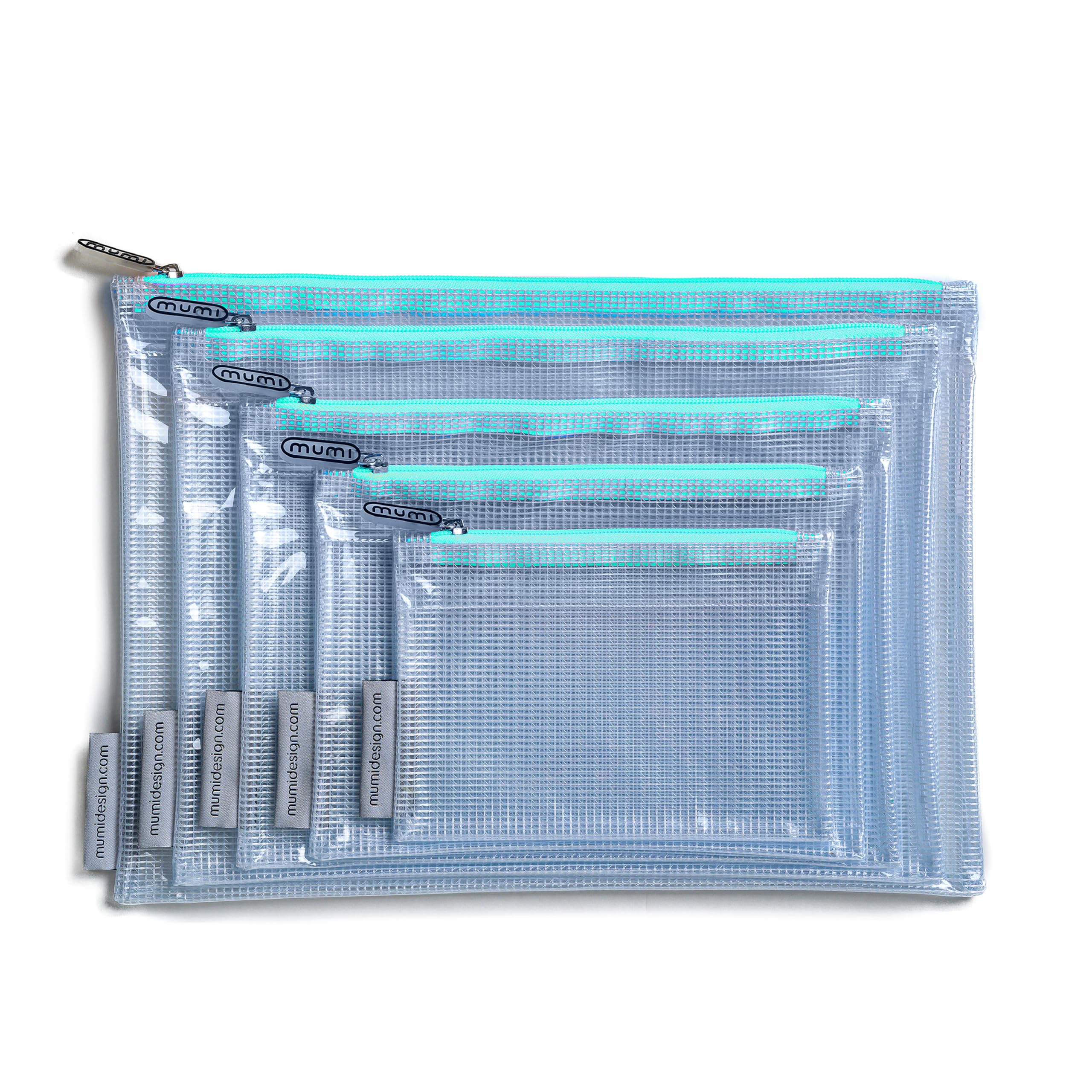 MUMI 5 Multi-Size Organizing Bags – Clear Zipper Pouches for Organizing, Storage & Travel with 10 Removable Labels – Reusable Waterproof Mesh Zipper Pouch Set, Plastic Zip Bags for Supplies (Aqua)