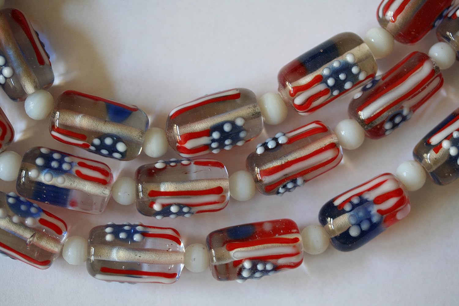 July 4th Patriotic Lampwork Clear Flag Cylinder Glass Beads(12 Beads Pack)