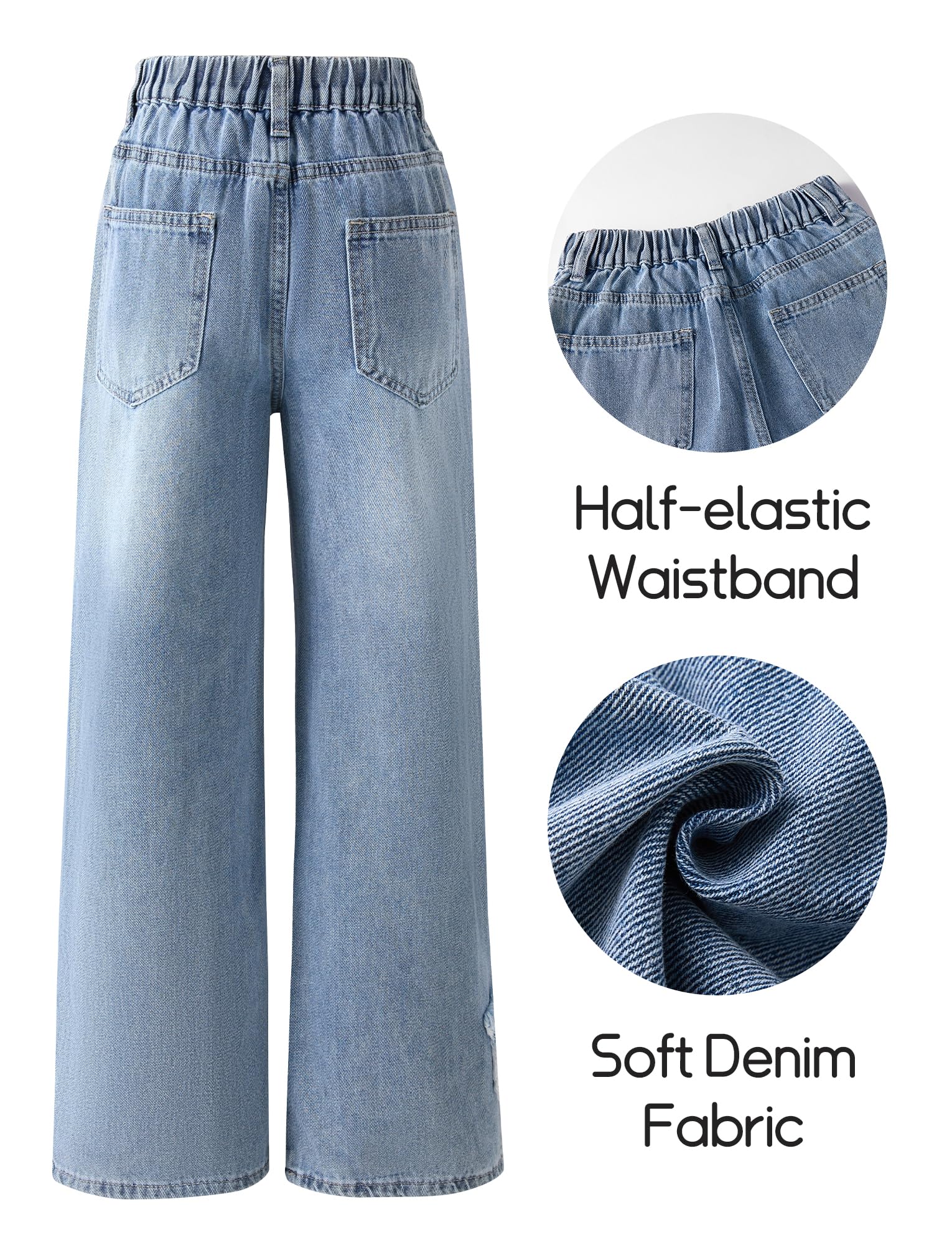 SEAUR Pantalones vaqueros para niña de pierna ancha con cintura elástica Y2K Denim Jean pantalones rectos patrón de estrellas 130-160 = (EU 128-158)