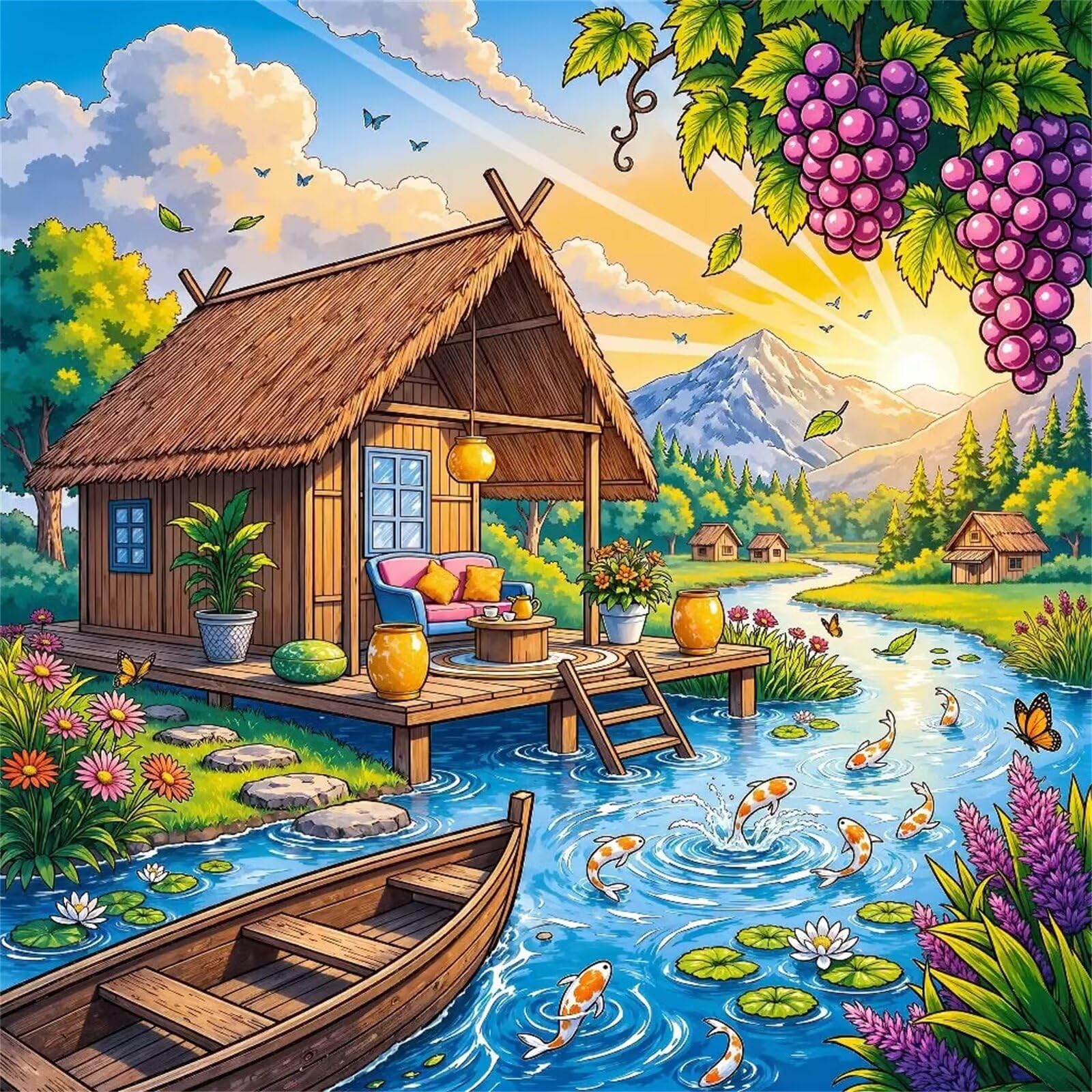 Diamond Painting Paisaje de cabaña junto al río,5D Diamond Painting Kit Completo,DIY Cuadros de Diamantes para Adultos,Rhinestone Bordado Punto de Cruz Manualidades Hogar Pared Decoración 105x105 cm