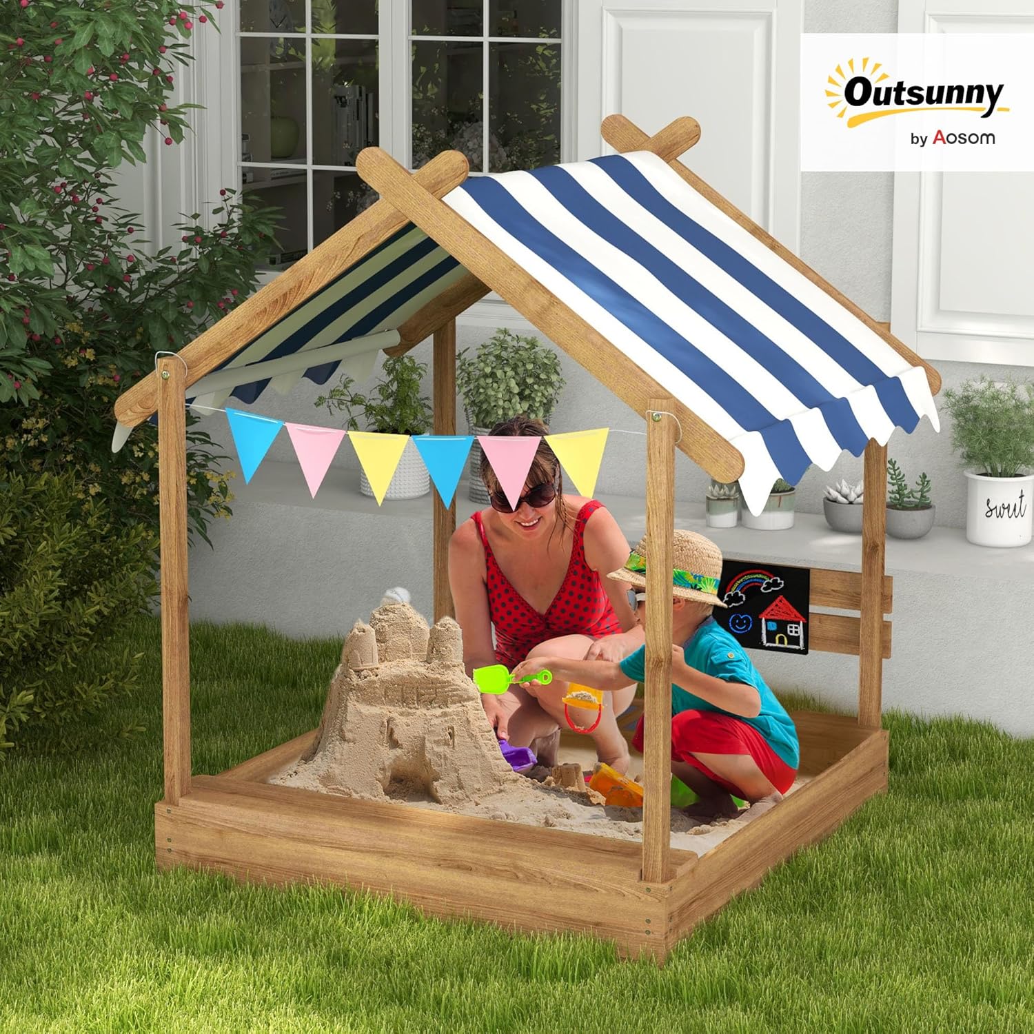 Outsunny Wooden Sandbox with Canopy, Kids Sand Pit with Liner, Blackboard, Sink, Playset, Flags, House Design, Outdoor Sandbox for 3-7 Years Old, 49" x 46" x 57.5", Brown