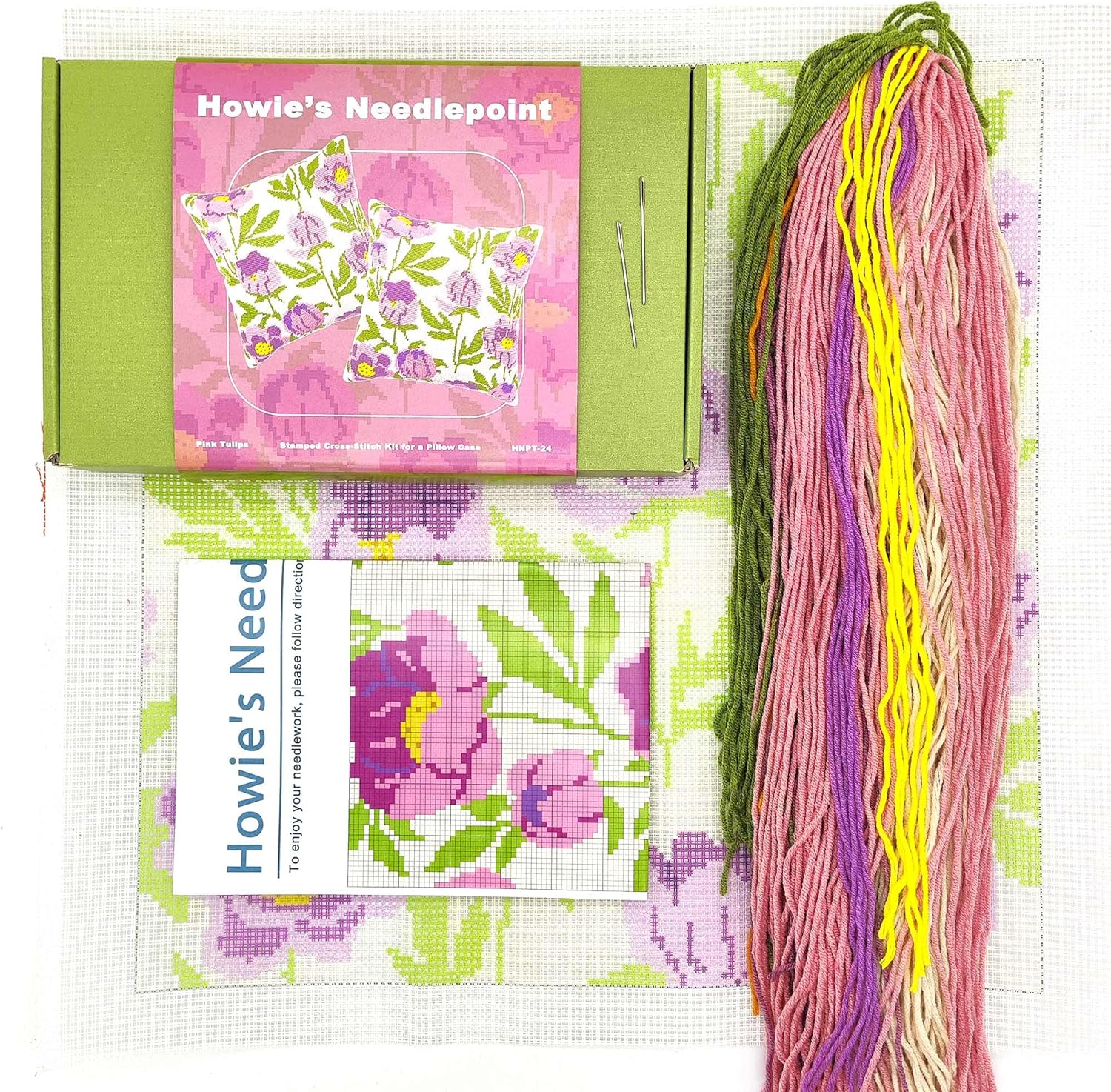 Howie's Needlepoint Needlepoint Kits for Adults, Pillow Front Cross Stitch Kit with Embroidery Pattern on Canvas, Yarn, 2 Needles and Instruction, 16 x 16inch(Pink Tulips)
