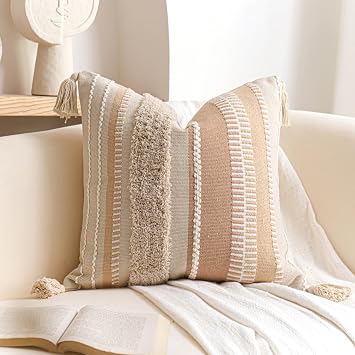 BlissBlush 20x20 Throw Pillow Cover, Neutral Cream Boho Decorative Pillowcase with Tufted Texture and Tassels, Square Accent Cushion for Couch Sofa Living Room Cover Only