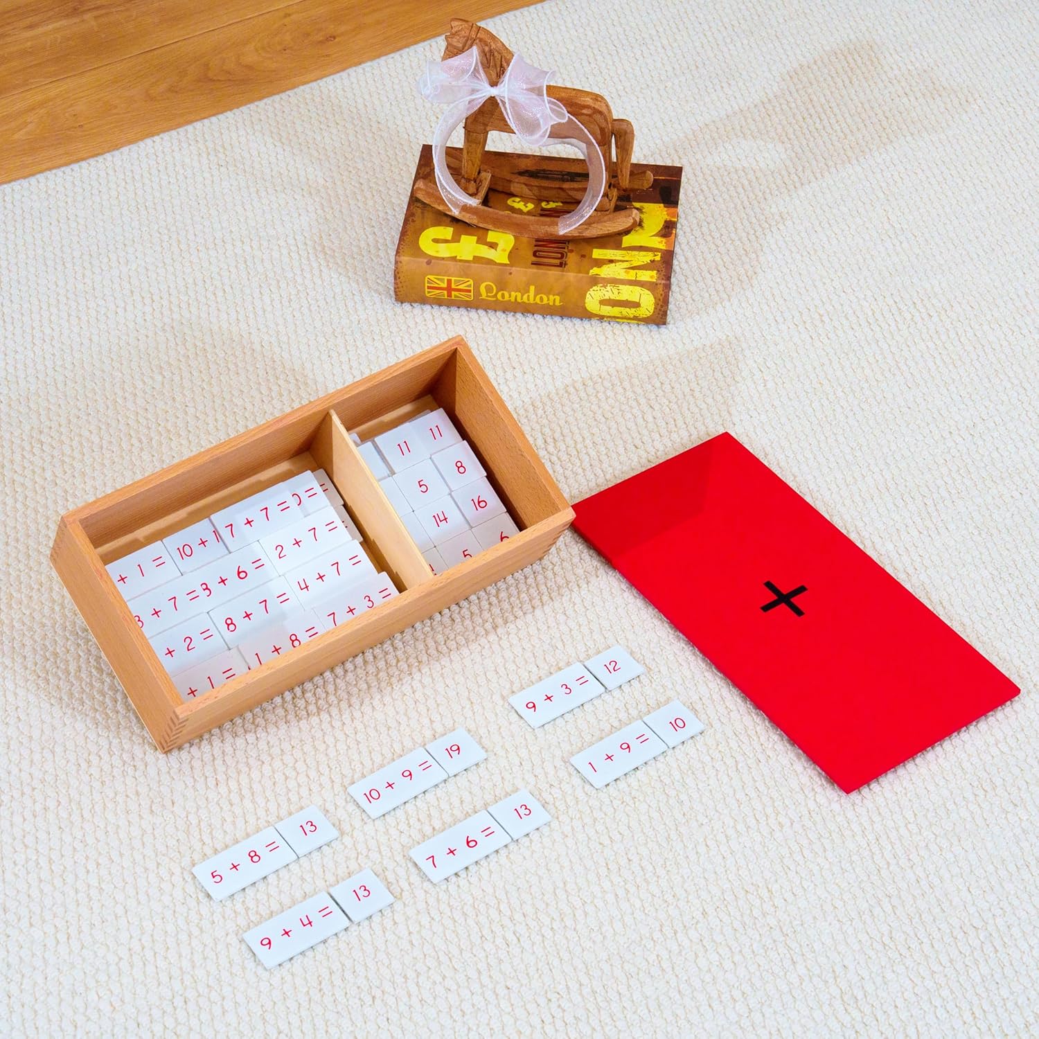 Premium Montessori Math Materials, 3+ lbs Solid Beechwood Addition Box - Math Facts Within 20, Wooden Manipulatives for Ages 4.5-6, Homeschool & Classroom (Addition Equations and Sums Box)