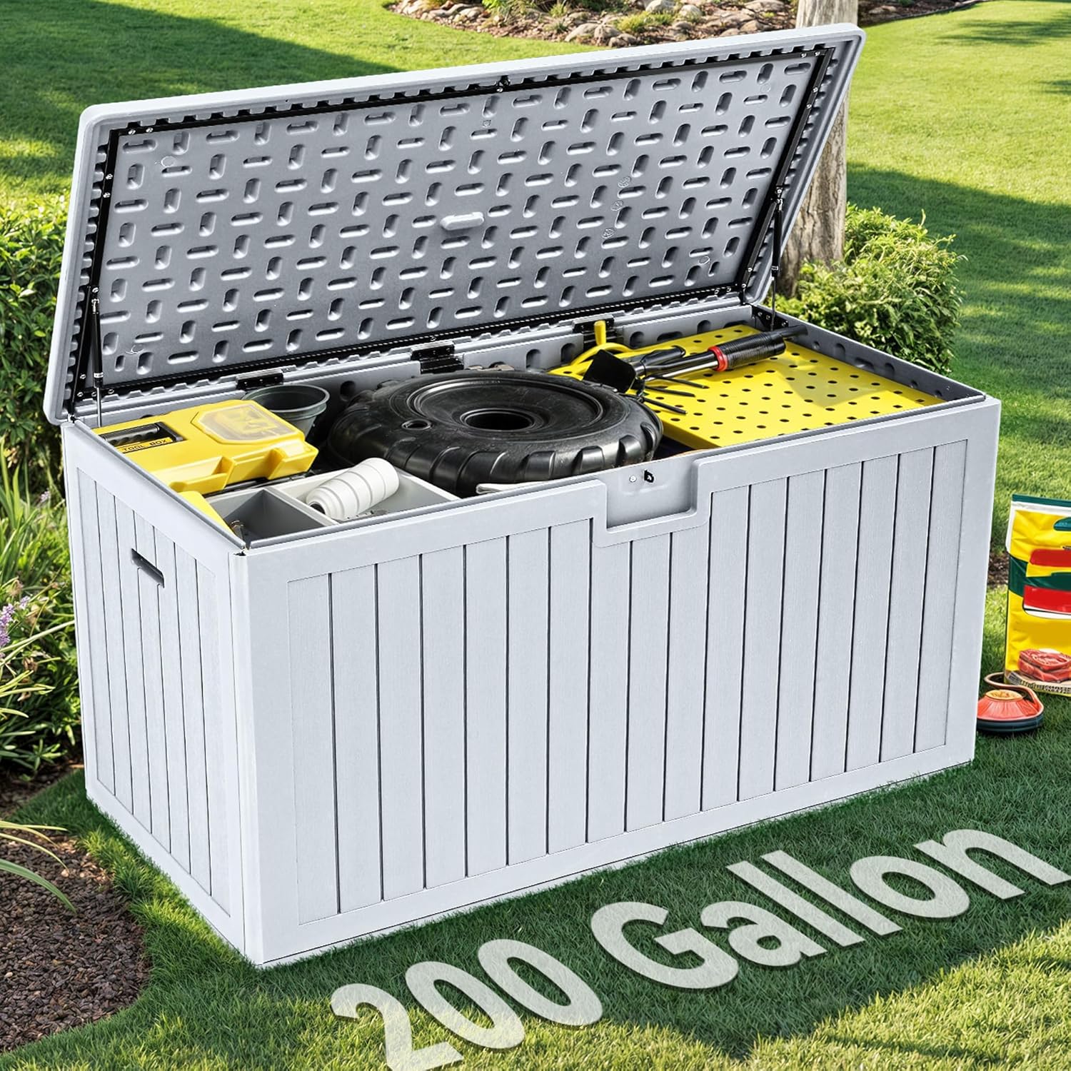 YITAHOME 200 Gallon Double-Wall Deck Box with Divider & Side Handles, Outdoor Large Storage for Patio Furniture Cushions, Garden Pool Accessories, Water Resistant & Lockable White 200 Gallon