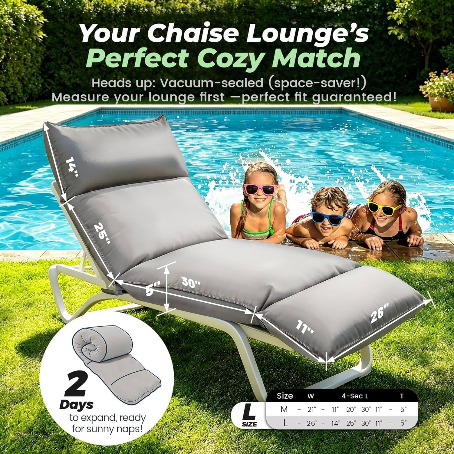 Outdoor Chaise Lounge Chair Cushion, Waterproof Non-Slip Patio Chaise Lounge Cushions for Outdoor Furniture, 80 x 26 x 5 Inches, Grey