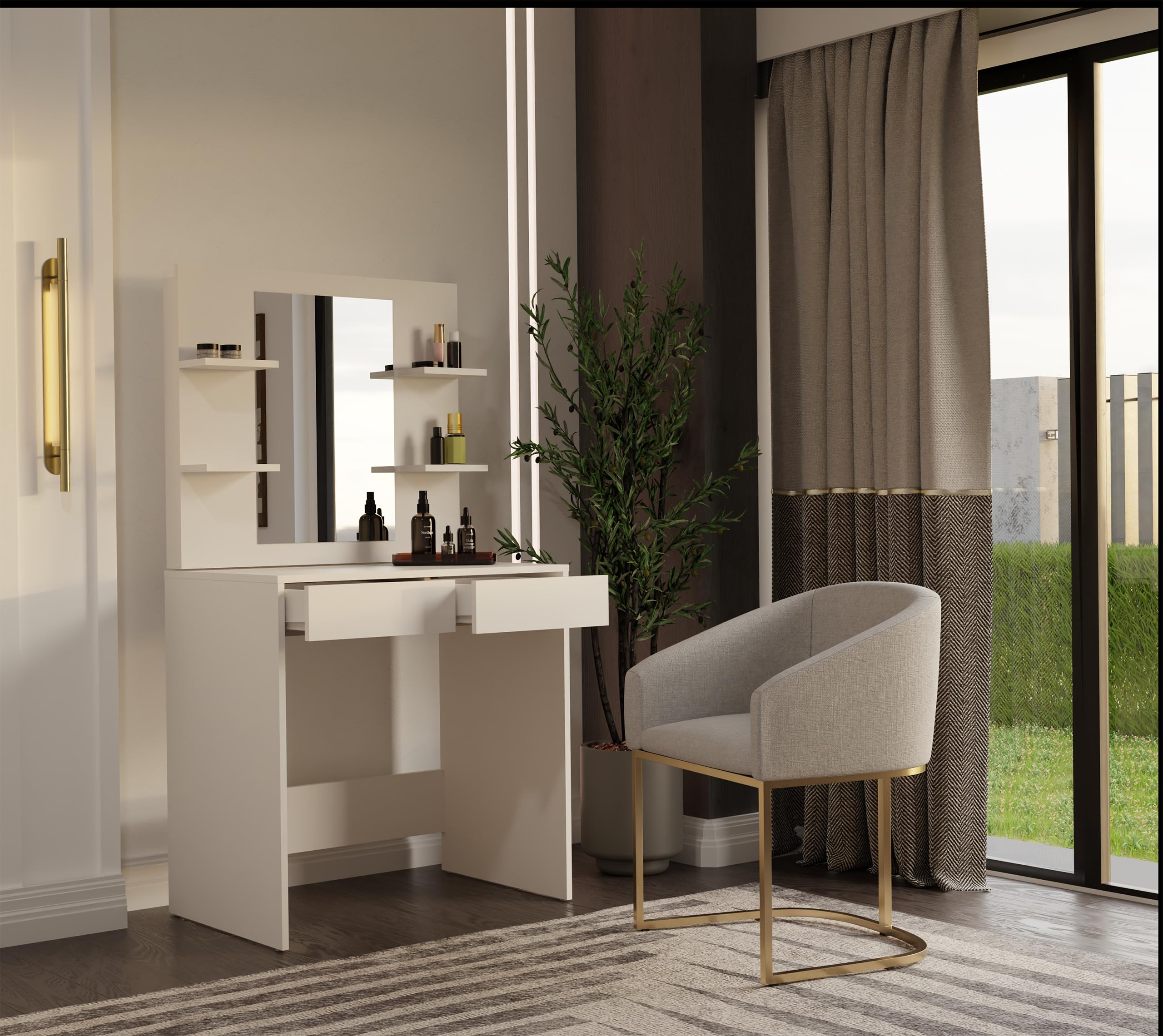 Toeletta da Trucco Moderna con Specchio e 4 Ripiani, Mobile Toeletta Trucco con 2 Cassetti, Scrivania da Trucco Salvaspazio per Camera da Letto, Consolle Make-up Design Curato, Colore Cashmere TOT5