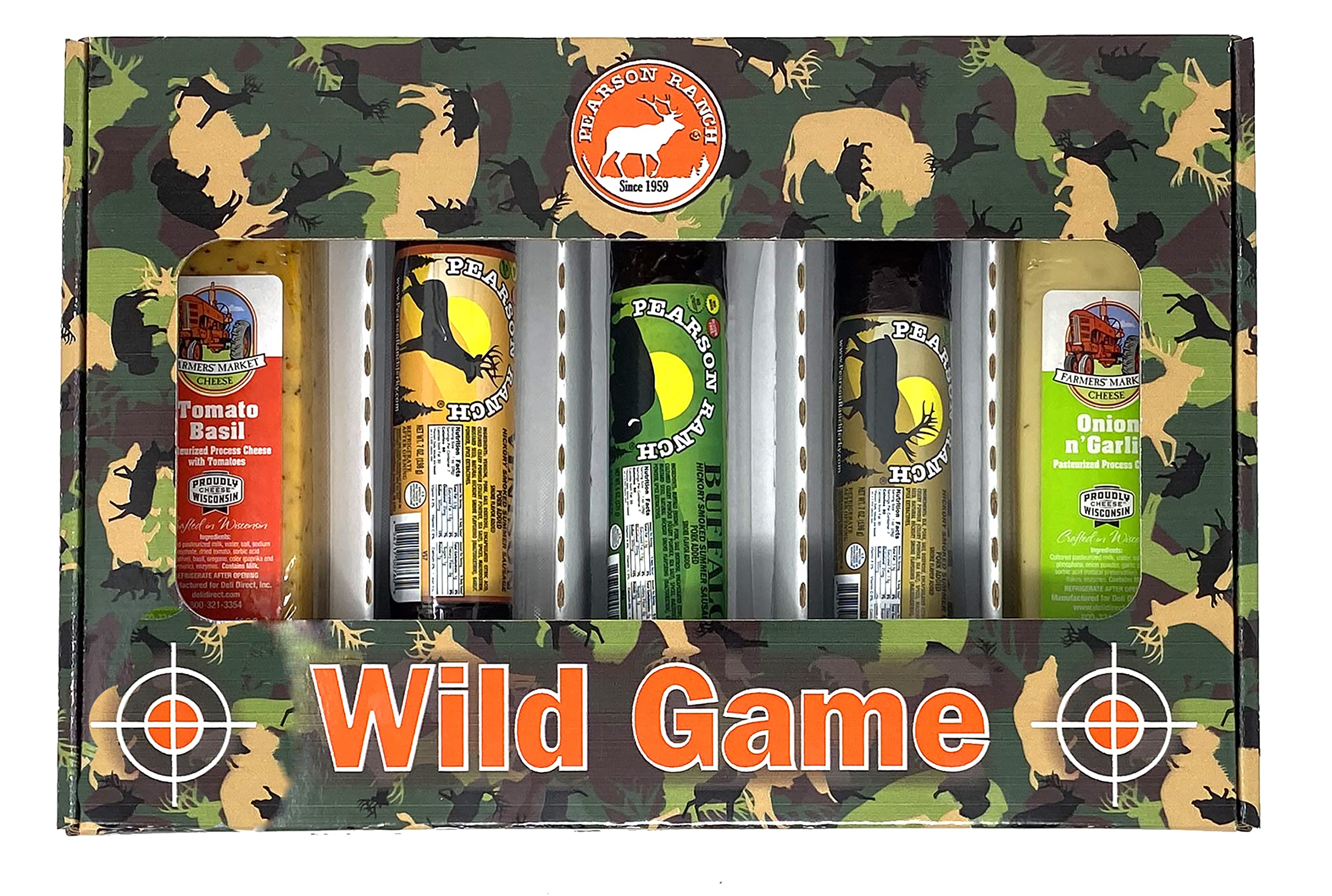 PEARSON RANCH SINCE 1959 Summer Sausage Gift Box Exotic Meat, Slice and Serve Charcuterie Gift Box Includes 3 Summer Sausages (Elk, Venison, & Buffalo) and 2 Wisconsin Cheese Blocks