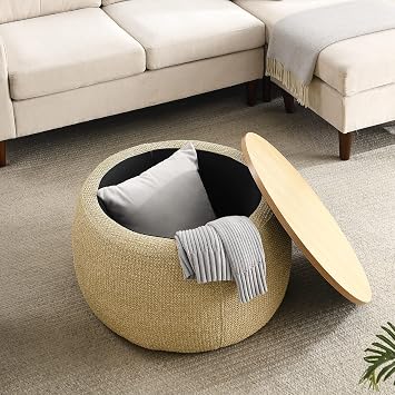 Round Storage Ottoman Coffee Table with Lid,Wood Footstool, Side Table End Table for Living Room Natural