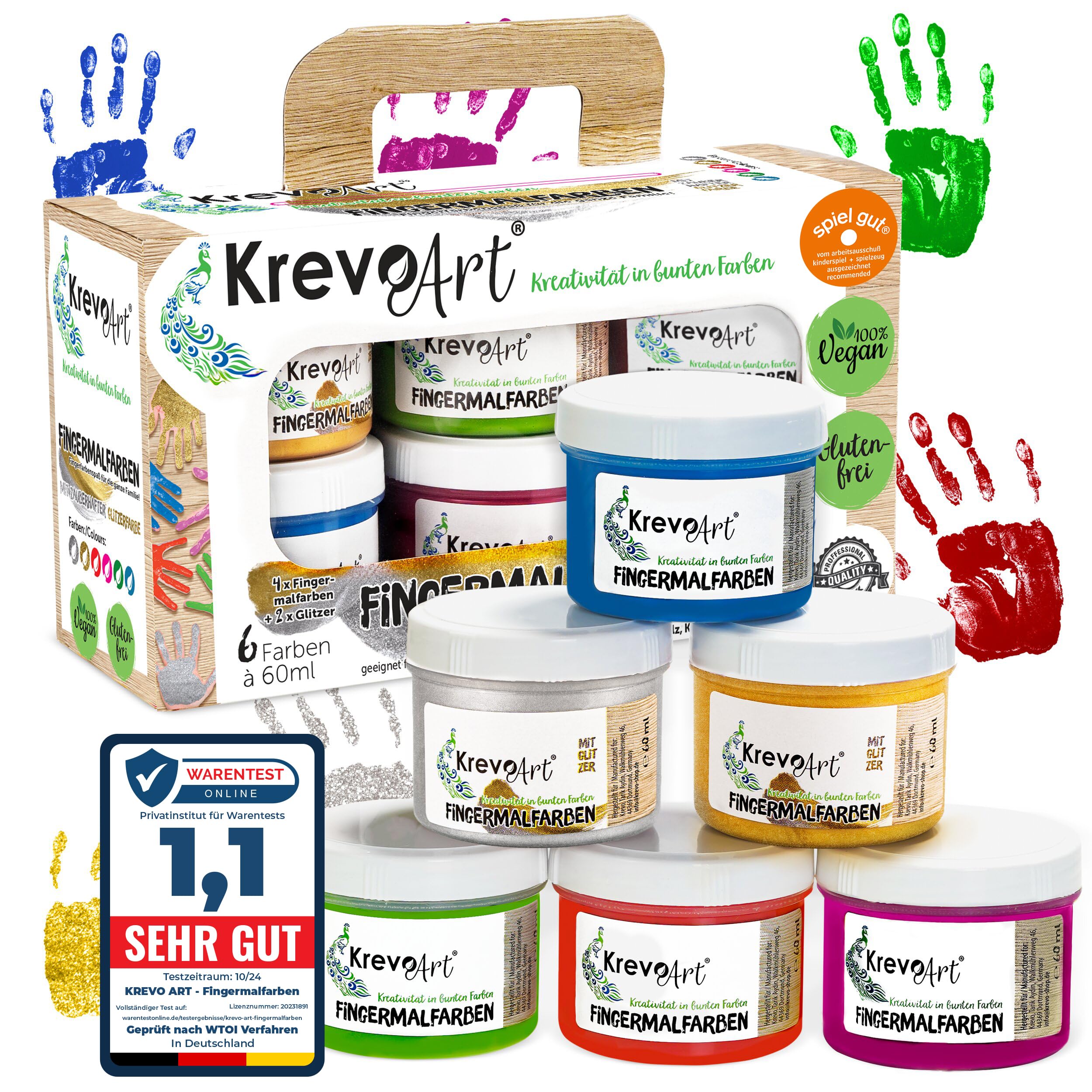 Krevo Art Fingermalfarben – 6 leuchtende & deckende Farben inkl. Gold & Silber, ungiftig & auswaschbar, vermalbar mit Pinsel, Schwamm & Fingern – mit kreativen Malvorlagen für extra Spaß!