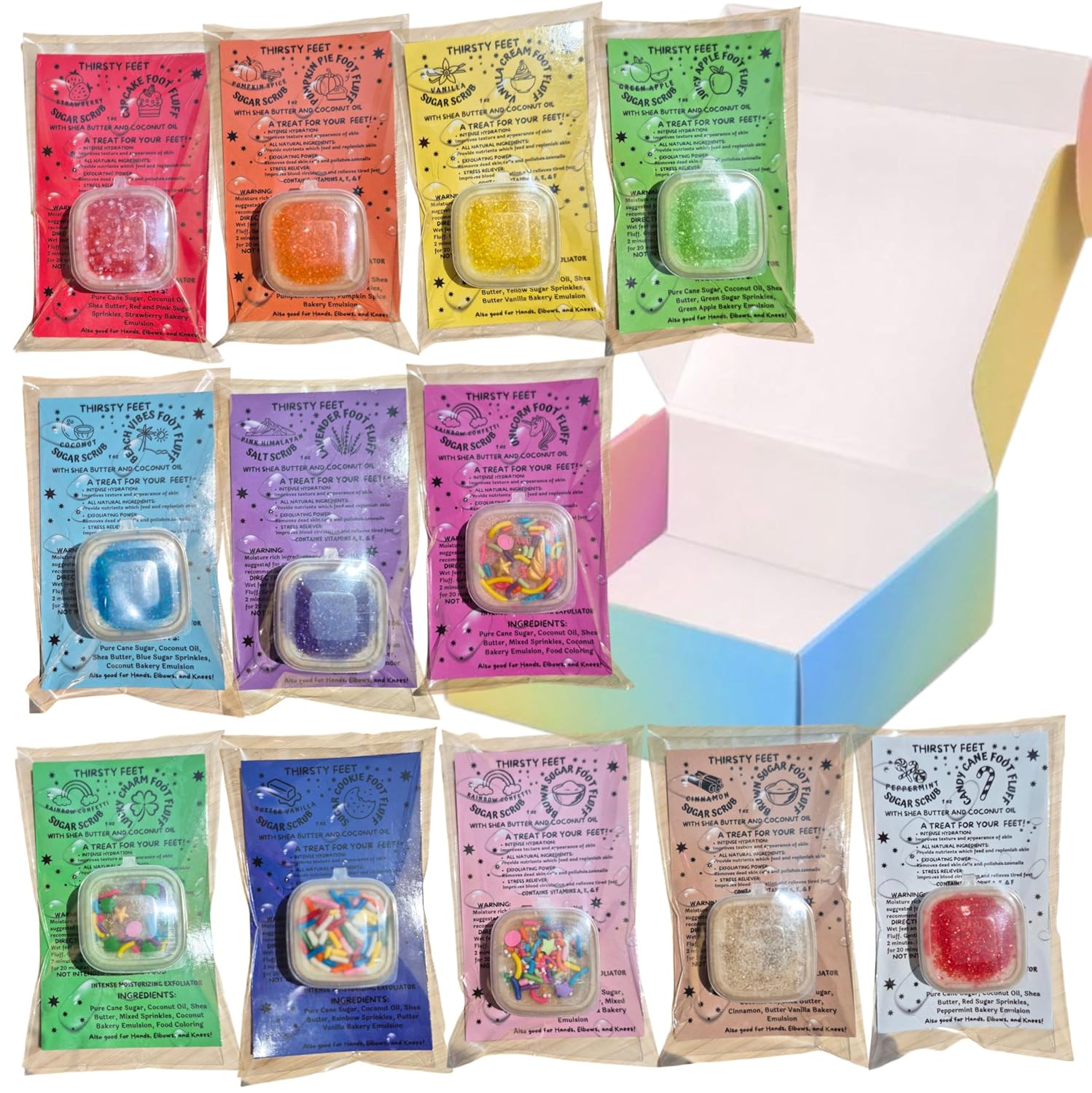 Variety Sample Pack 12 Count, Natural Foot Scrub for Dry Skin, Moisurizing Body Scrub, Hypoallergenic Exfoliant, Nourishing with Vitamins A, E, & F, For Men, Women, Girls, Boys, Birthday, Spa, Bath