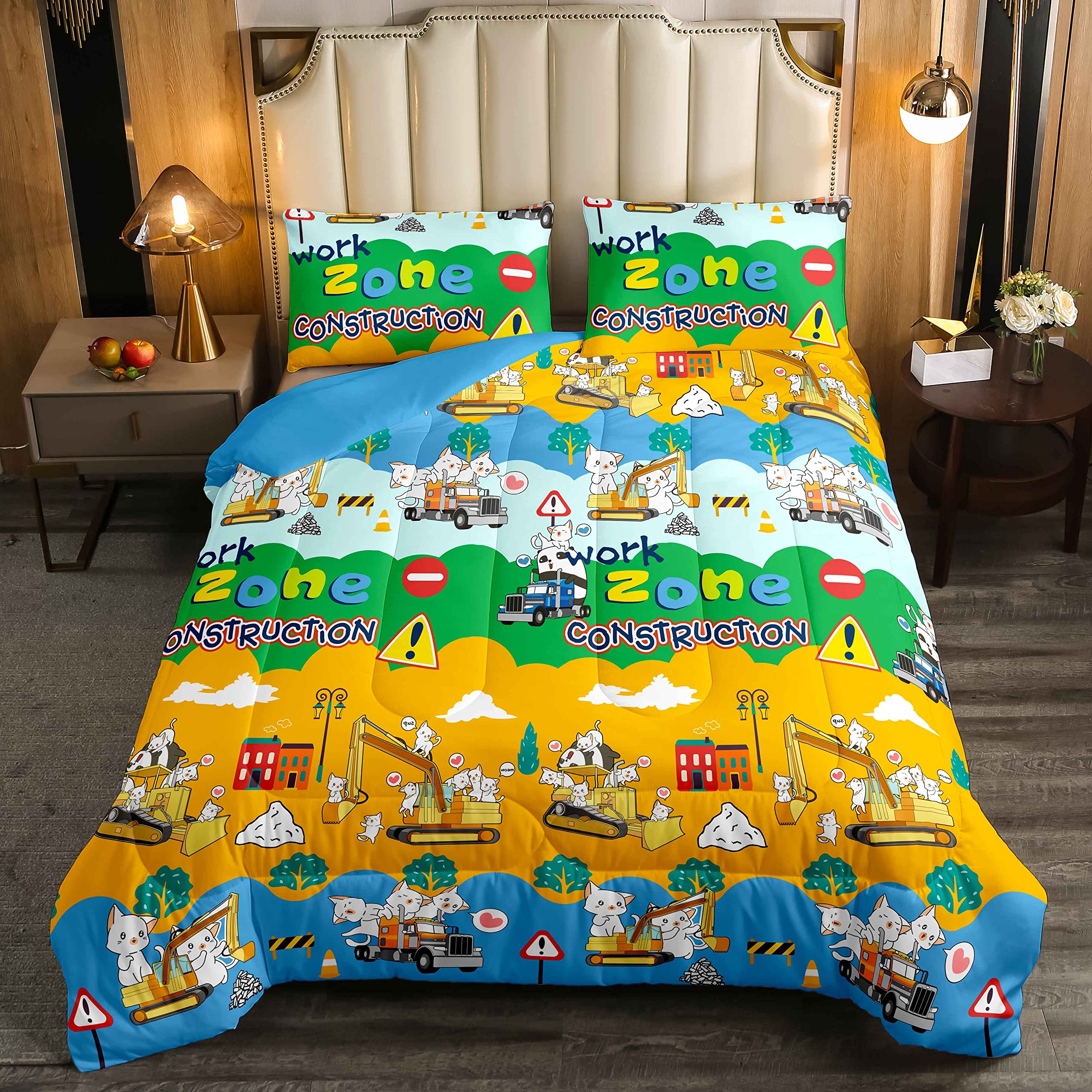 Boys Construction Duvet Set Single for Kids Cat Bedding Setative Cartoon Equipment Trucks Cat Kitty Cute Machinery Car Pets,Orange Blue
