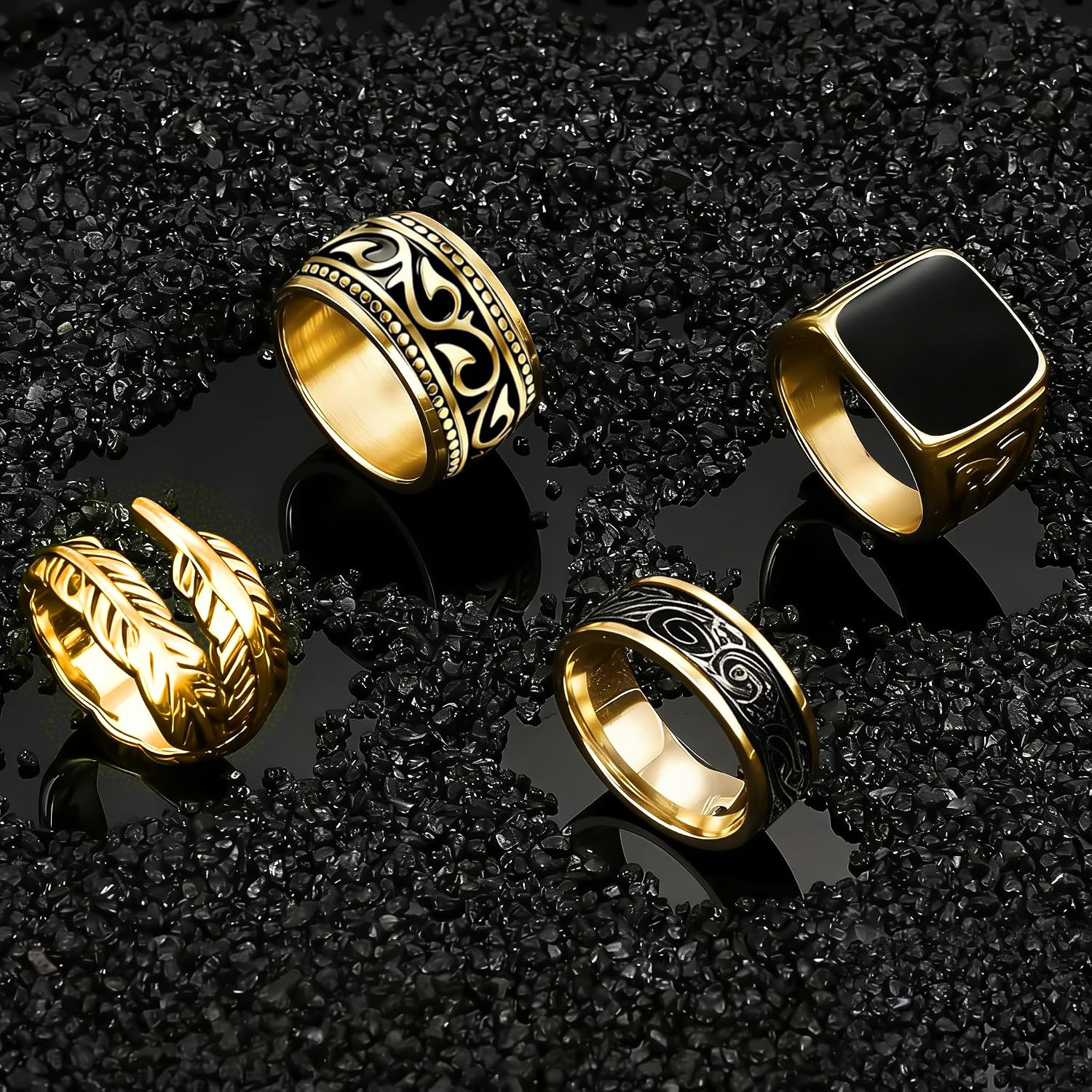 EIELO 4Pcs Stainless Steel Vintage Rings for Men Greek Signet Thumb Silver Open Feather Ring Retro Carving Celtic Band Rings Vintage Biker Band Rings Set Edge Mens Rings Jewelry