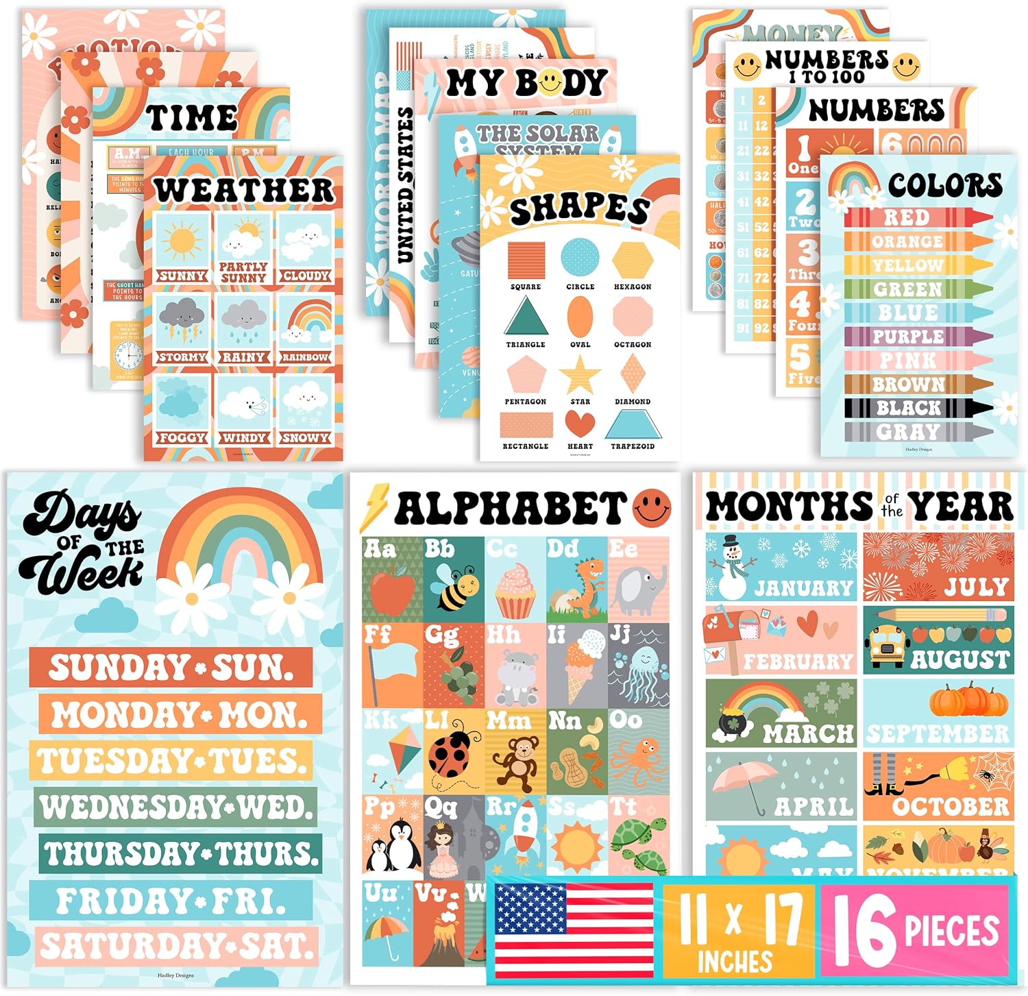 16 Laminated Toddler Learning Posters 1-3 for Preschool Classroom Decor