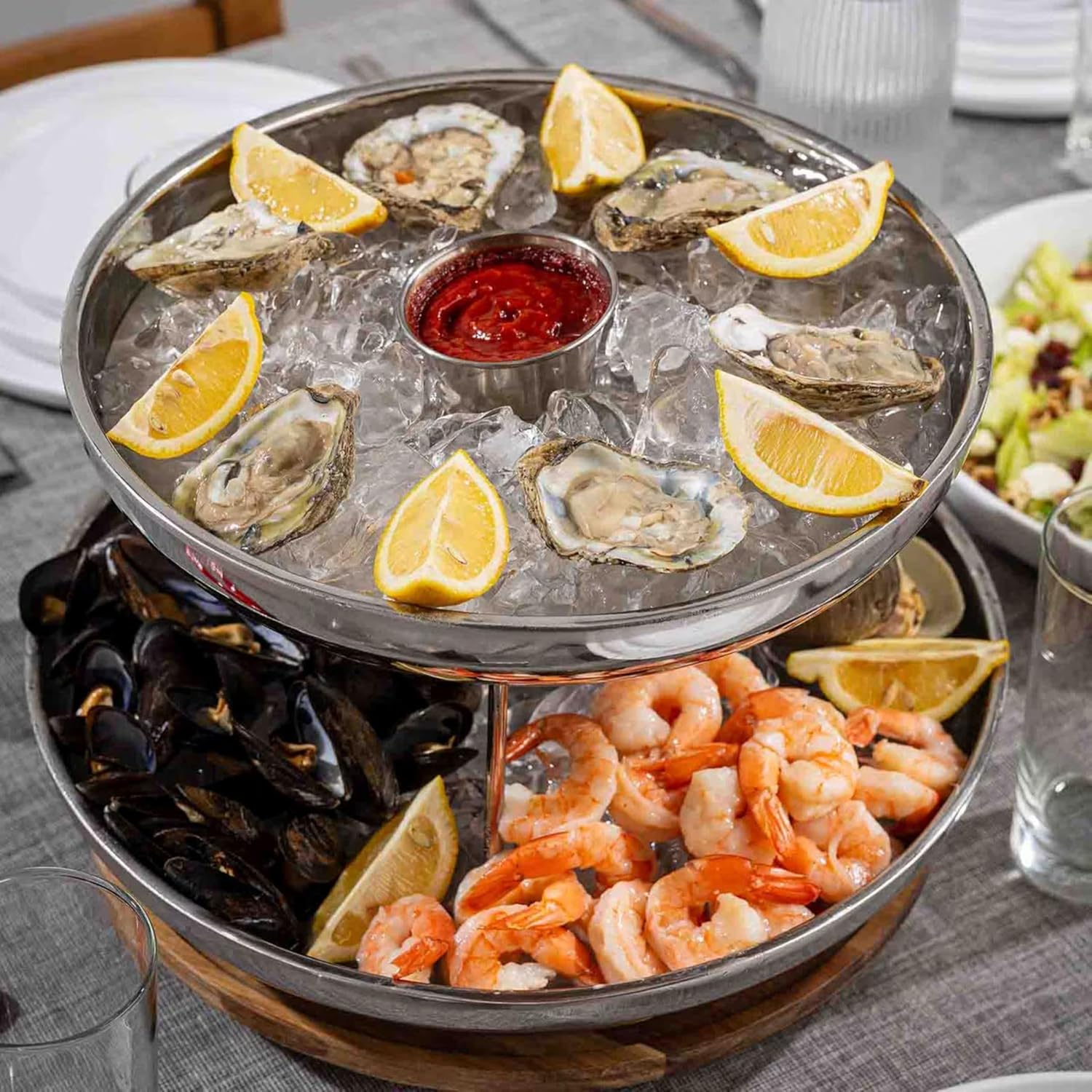 TableCraft 12912 Two-Tiered Seafood Tower, Double-Wall Stainless Steel Display with Mirror Finish, Round 12" & 14" Bowls, Elevated Chilled Presentation, 14" x 14" x 8.5", Silver