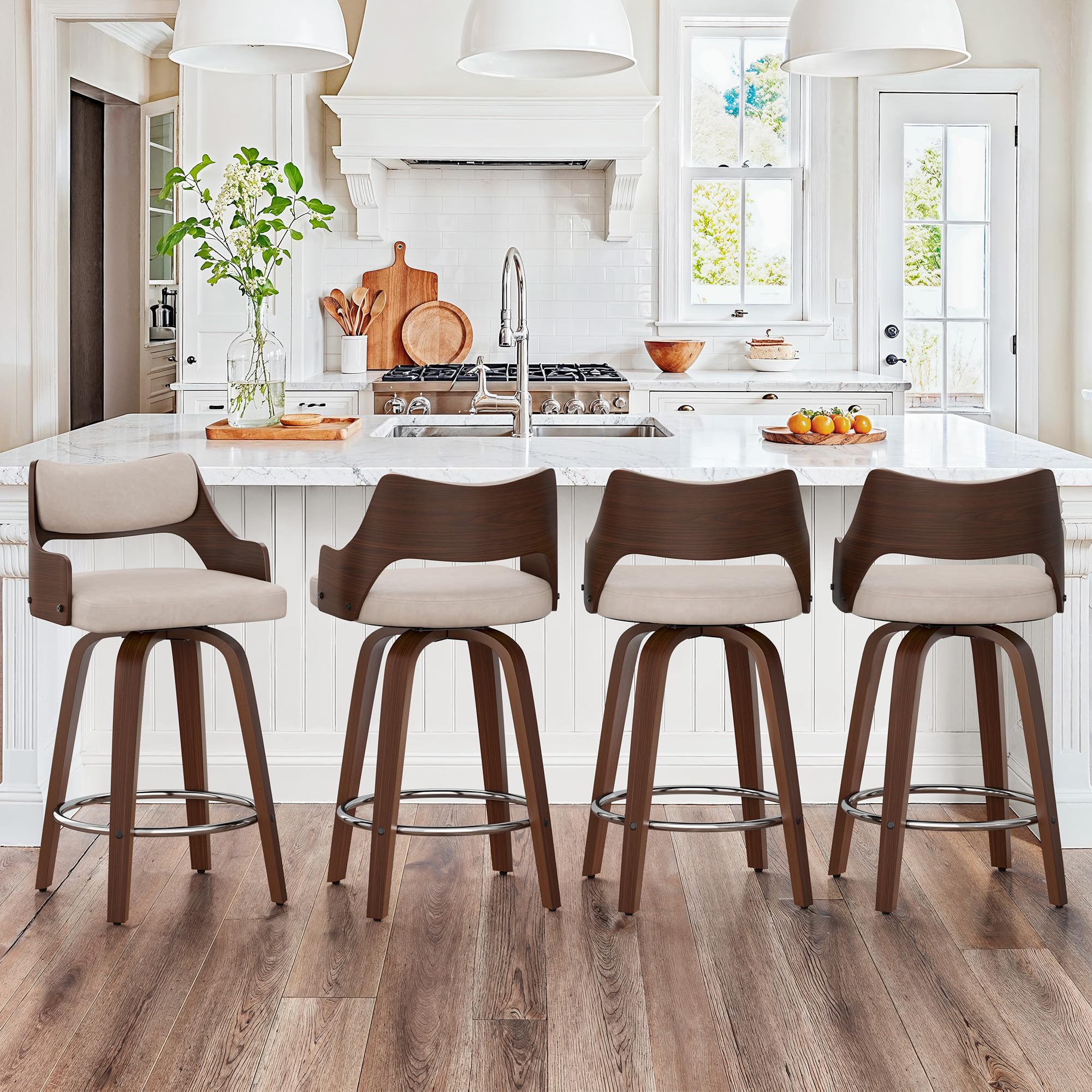 LUE BONA Juego de 2 Taburetes Altos de Cocina Madera,360°Giratorio 66cm Taburete de Bar con Reposapiés y Respaldo Reposabrazos,Madera Taburetes Cocina,para Cocina,Comedor,Bar,Beige + Nogal Oscuro
