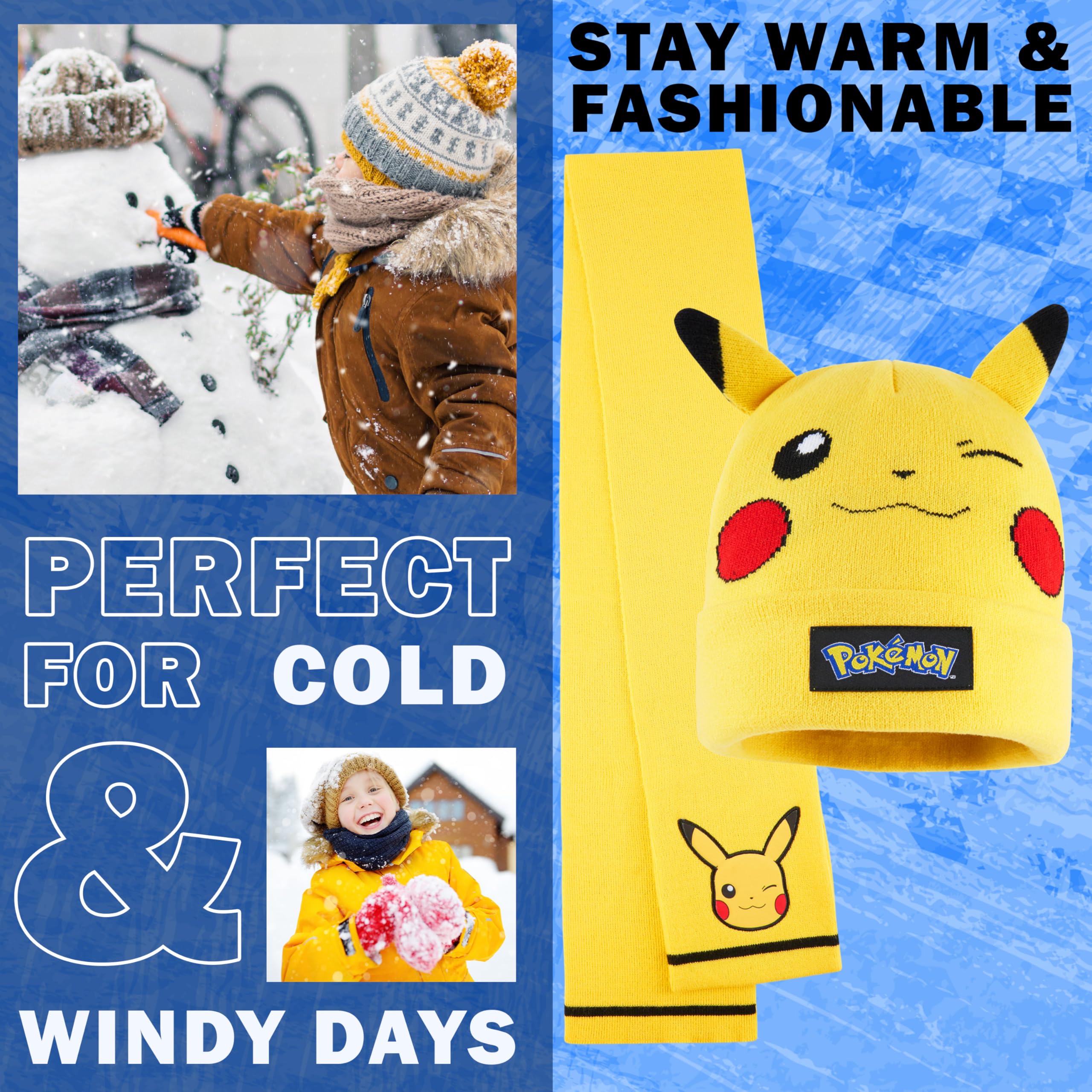 Pokémon Conjunto Bufanda y Gorro y Guantes Niño 8-10 Años, Pikachu Accesorios de Invierno Suave para Frío, Regalos de Anime