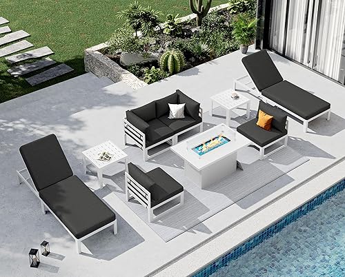 Miniatura 301 de NICESOUL 7 Piece White Powder-Coated Aluminum Patio Furniture with Fire Pit Table, 29 Inch Extra Wide Outdoor Sectional Sofa for 6, High-End Heavy