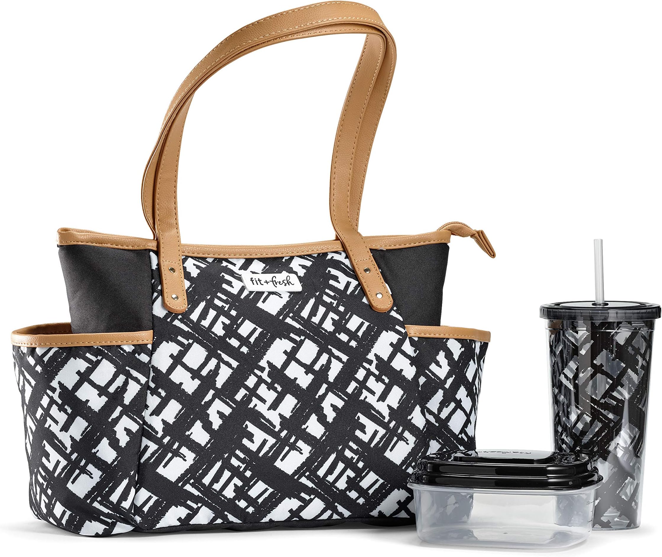 Fit & Fresh Navarto Adult Insulated Lunch Bag with Side Pouches & Carry Handles, Complete Lunch Kit Includes Matching Tumbler & Container, Black, Large