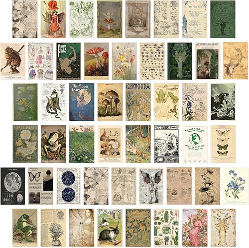 KBKBART Imágenes estéticas vintage de Fairycore, 50 piezas de decoración de habitación de Fairycore, arte de pared retro Cottagecore, arte de pared