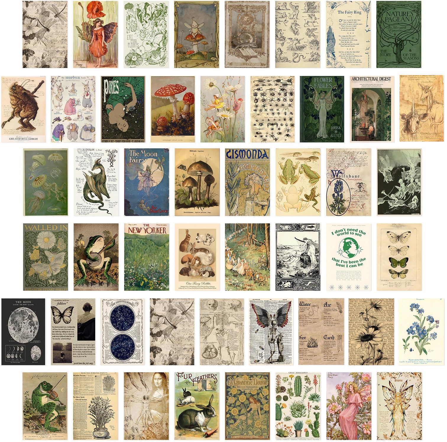 KBKBART Vintage Fairycore Decor Aesthetic Pictures, 50 Pcs Fairycore Room Decor, Retro Cottagecore Earthy Wall Art Vintage Fairy Posters Wall Collage Kit for Dorm Bedroom (4"x6")
