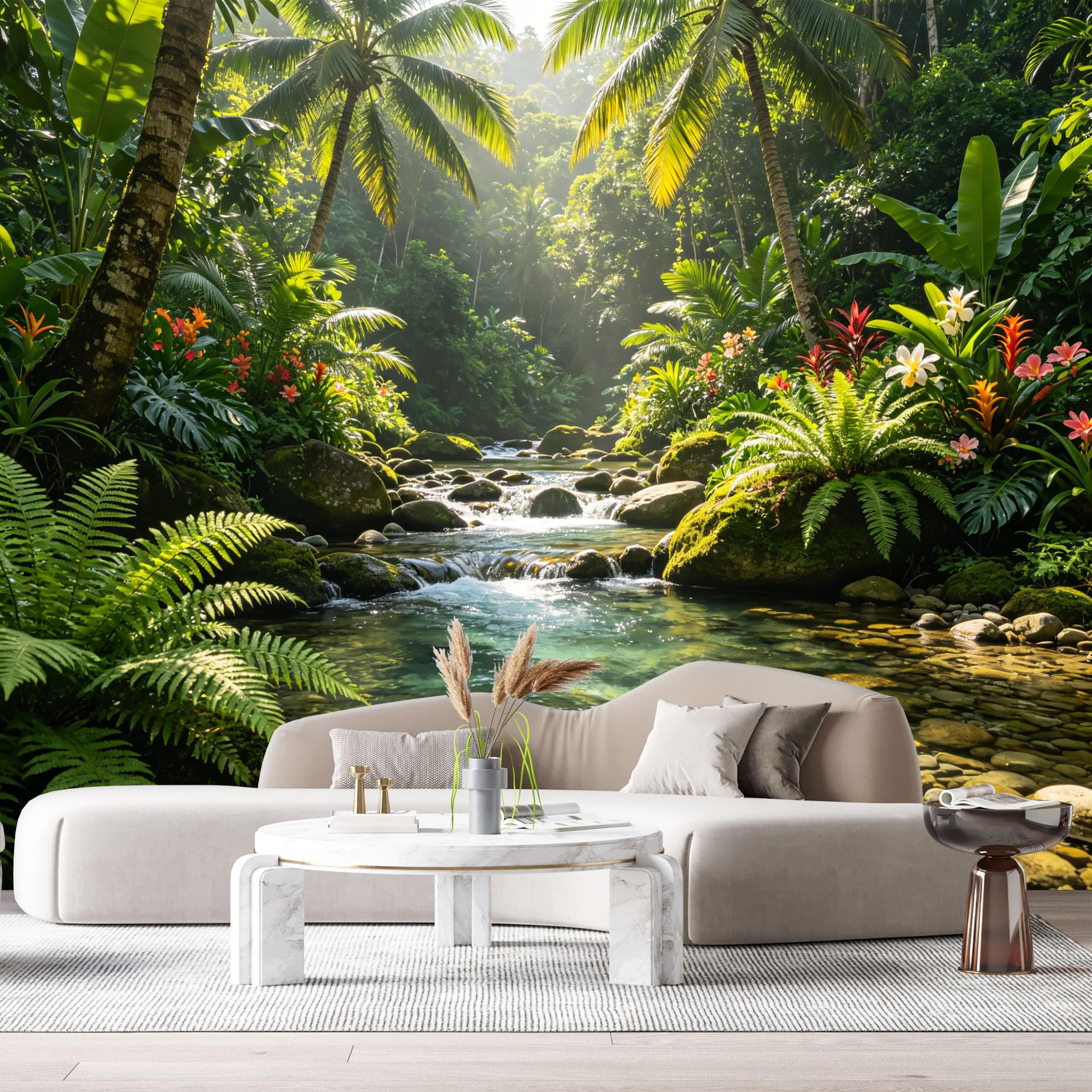 Custom Size Wall Murals Tropical Jungle Botanical Stream Waterfall Palm Trees SelfAdhesive Wall Fabric Removable Large Wallpaper for Photo Living Room