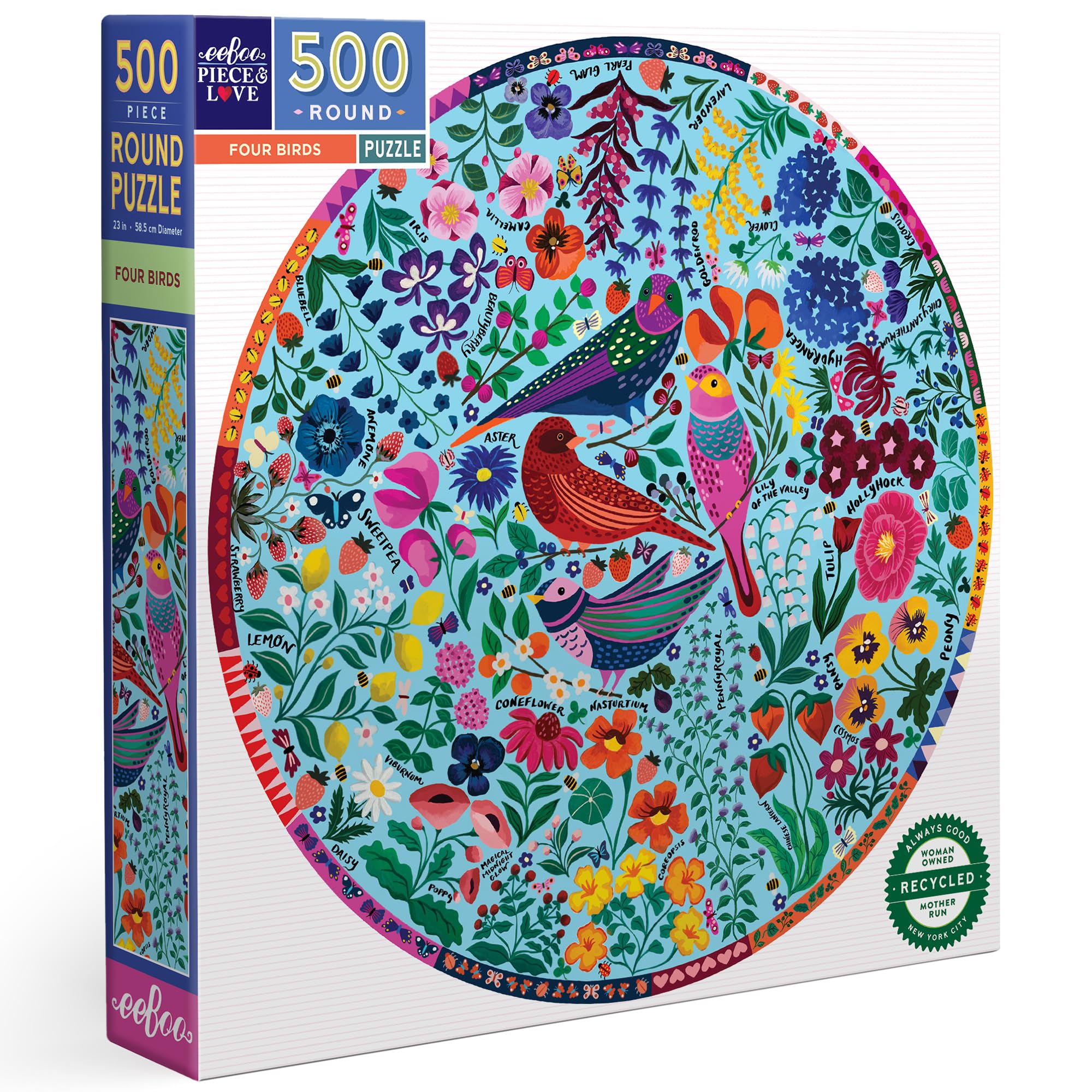 eeBoo Piece & Love: Four Birds - 500 Piece Puzzle - Adult Round Jigsaw, 23" Diameter, Includes Image Reference Insert, Glossy Pieces