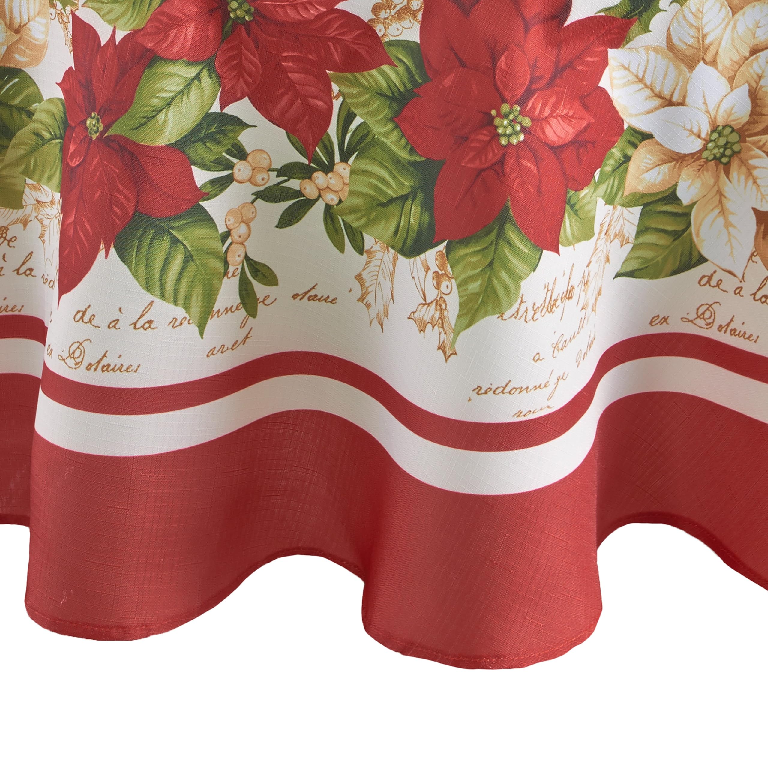 Elrene Red and White Poinsettia Fabric Christmas Tablecloth, Polyester, 84" x 60" (Oval)