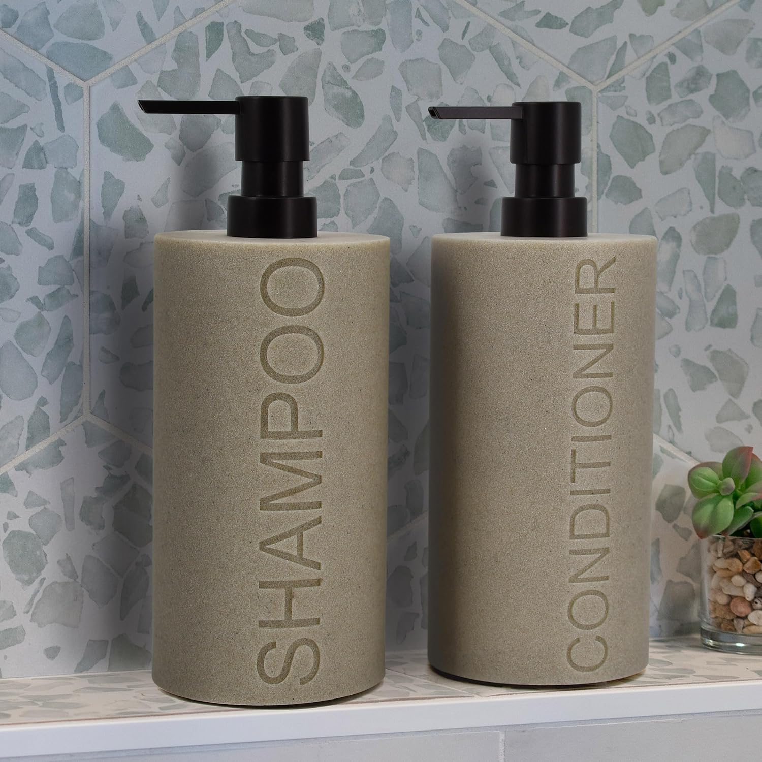 Resin 2 Pack Shampoo, Conditioner or Body Wash Dispenser Set, Luxurious Refillable Pump Bottles with Matte Pump Top and Embossed Text, Durable Design for Bathroom and Shower