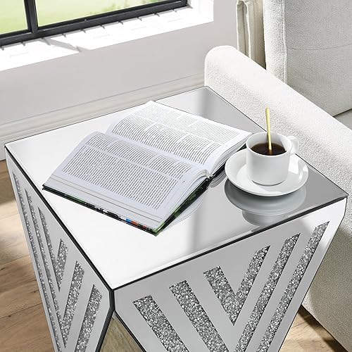 Miniatura 19 de SSLine Mesa auxiliar cuadrada con espejo con luces LED, mesita de noche con espejo, mesa auxiliar de espejo con acabado plateado para dormitorio,