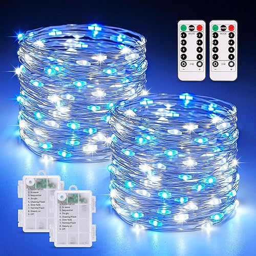 Vista 61 de JMEXSUSS Paquete de 2 luces de hadas azules que funcionan con pilas, 100 luces LED azules de 33 pies impermeables con temporizador remoto, luces