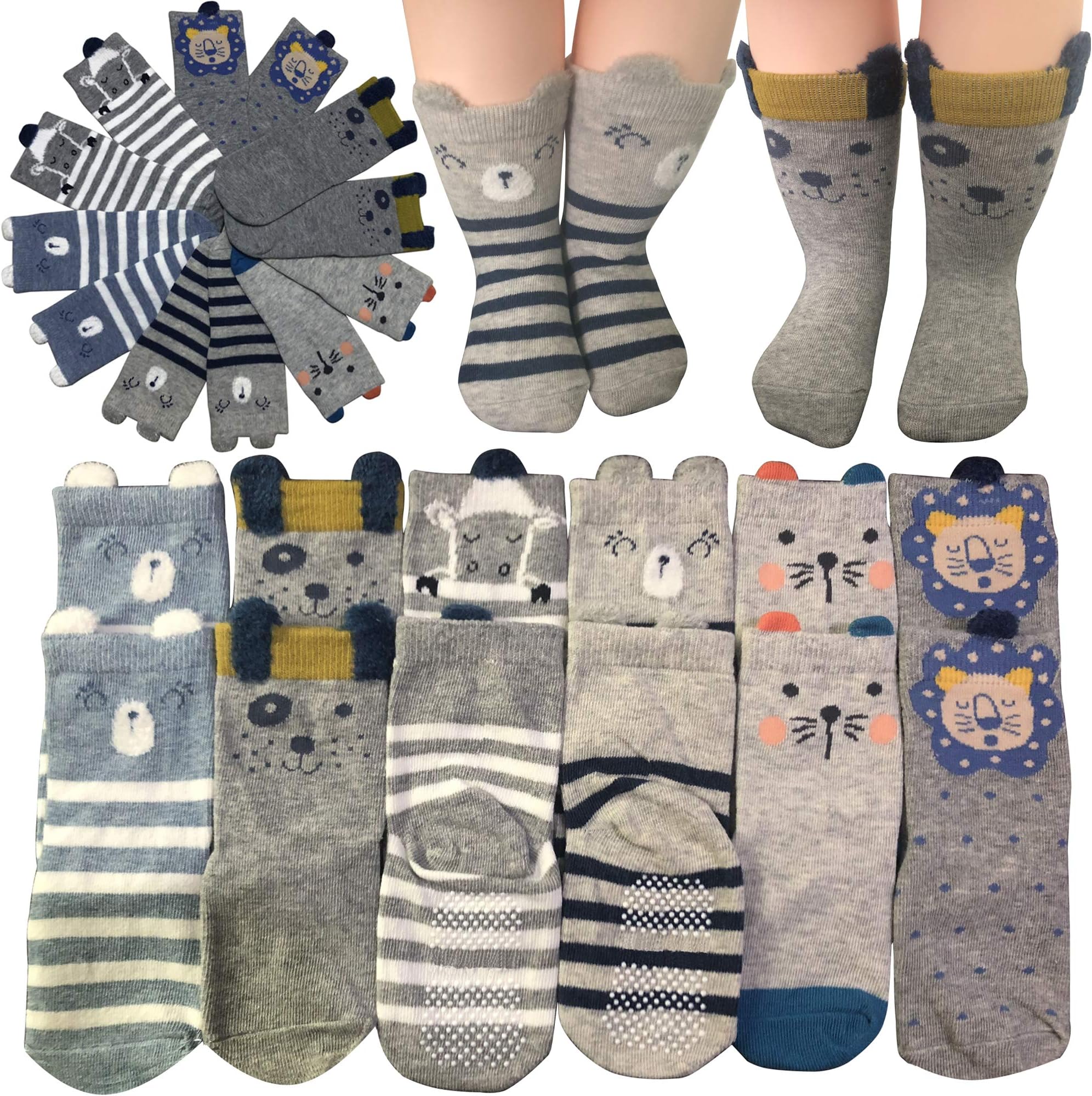 6 Pairs Baby Boys and Girls Non Skid Ankle Cozy Socks Toddler Anti Slip Cartoon Socks with Grips