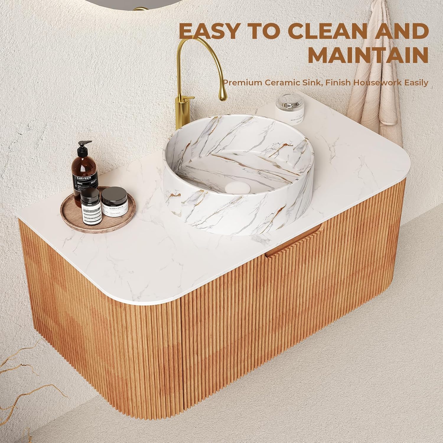 LKTART 36 Inch Floating Bathroom Vanity with Sink, Modern Wall Mounted Bathroom Storage Cabinet with Drawer, Stone Pattern Round White Ceramic Sink Top and Marble Texture Top, Natural Wood