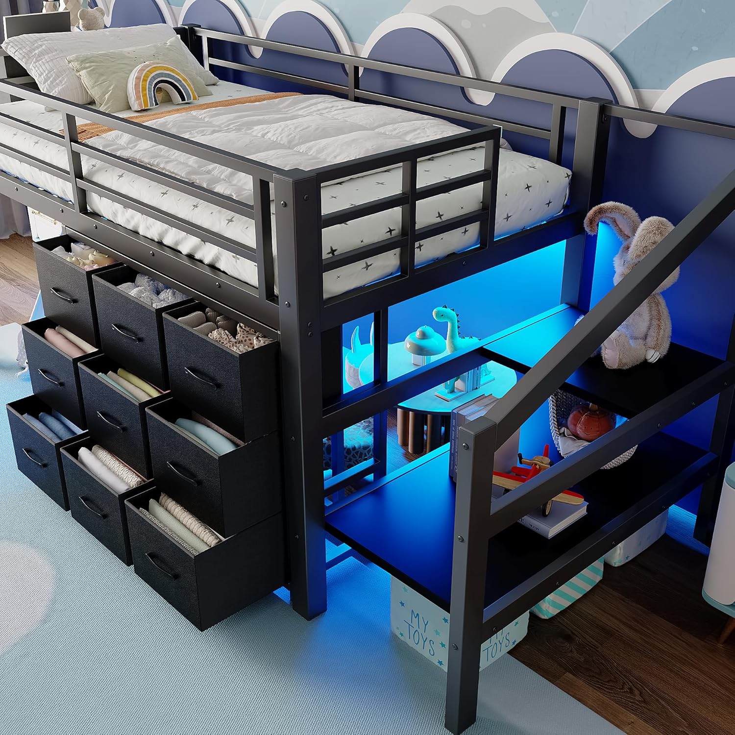 Bellemave Twin Size Loft Bed with 9 Non-Woven Fabric Storage Drawers, Low Loft Bed with Stairs and Lights, Twin Loft Beds with High Rails, Noise Reduced Black