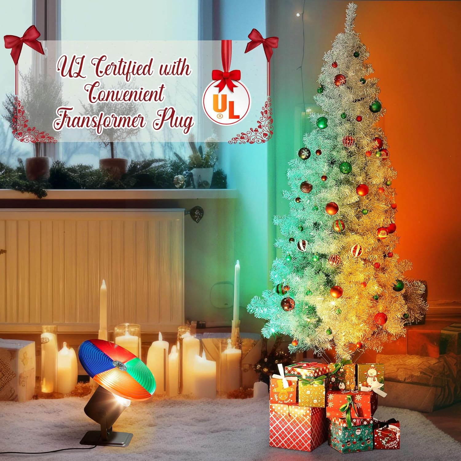 Christmas Tree Color Wheel with E27 LED Light, Rotating 4 Color Wheel for Aluminum Christmas Tree, UL Certification Vintage Rotating Wheels for Silver Tinsel Xmas Trees(Classical)