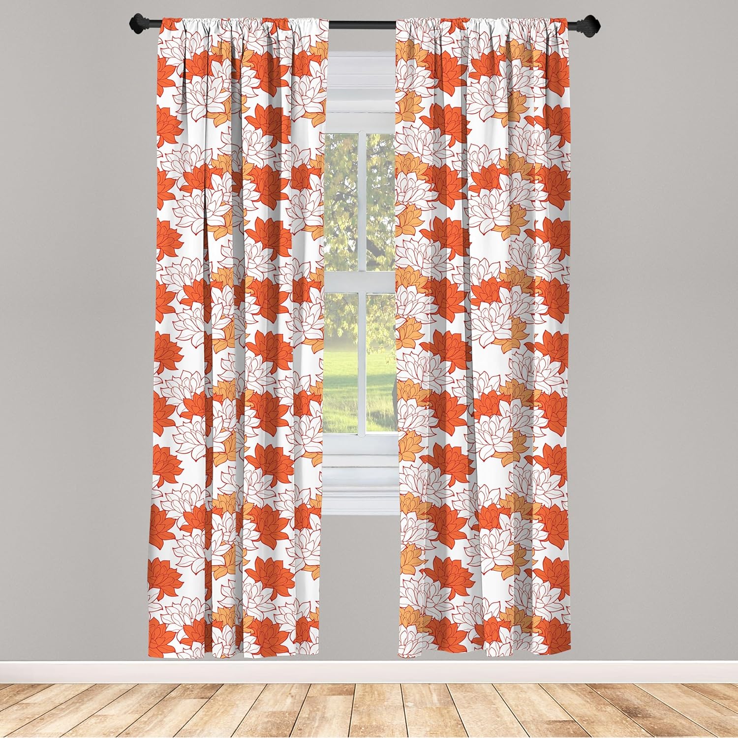 Ambesonne Orange Window Curtains, Blossoming Hand Drawn Lotus Leaves Garden Flowers Botanical Nature Theme, Lightweight Decor 2-Panel Set with Rod Pocket, Pair of - 28" x 95", Orange Salmon