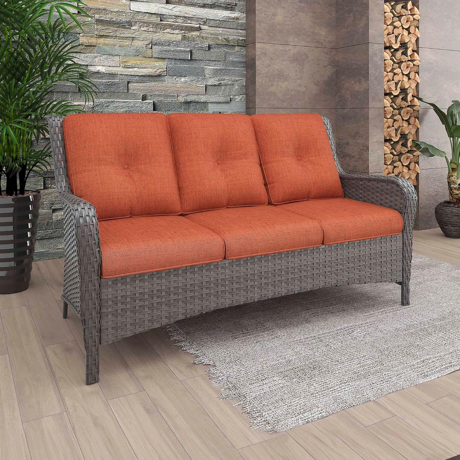 Patio Couch with High Back, 73" 3 Seats Outdoor Sofa, All Weather PE Wicker Couch with Waterproof Cushion for Porch, Backyard, Balcony, Deck