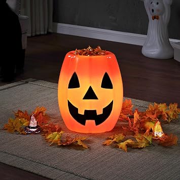Mr. Halloween 18 in Jack-O-Lantern Candy Bowl with LED Lights, Blow Mold Trick or Treat Holder, Vintage Light Up Halloween Candy Dish