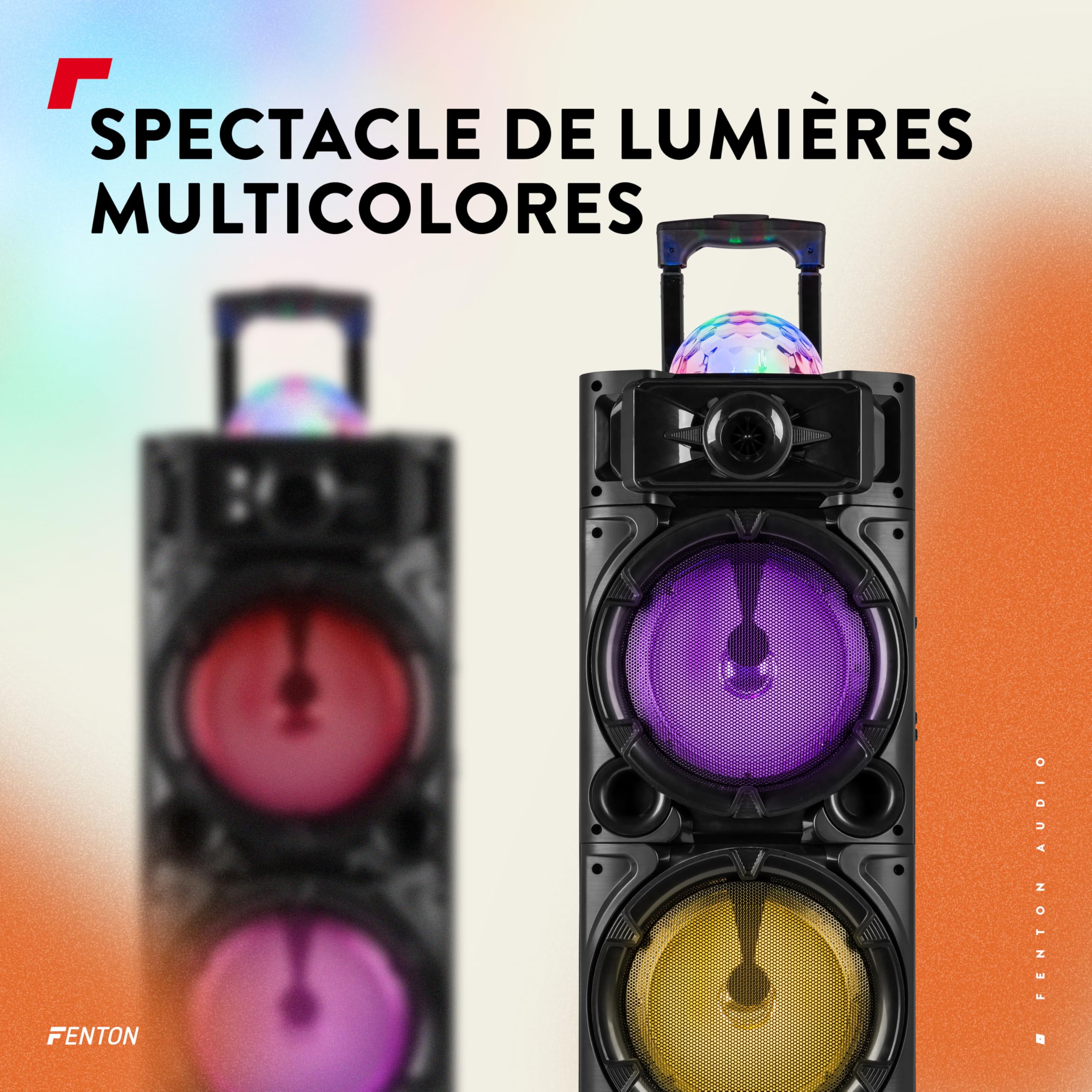 Fenton LIVE290 Enceinte Karaoké Portable 2x8’’ avec Bluetooth - 300 Watts, 2 Micros, Boule Disco LEDs, Lecteur MP3, Autonomie 6H, Une Enceinte Idéale pour Les Soirées Disco avec Effets Lumineux