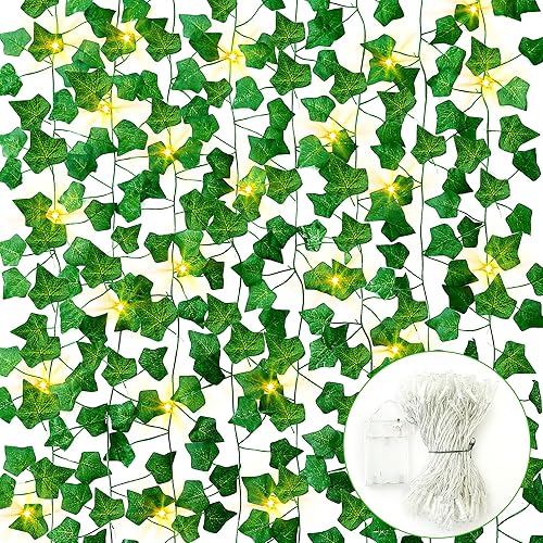 Sggvecsy Paquete de 12 plantas artificiales de hoja de hiedra de 84 pies con cadena de luces LED hojas de hiedra artificiales guirnalda de hiedra