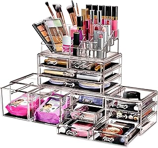 Sorbus Large Makeup Organizer - Clear Stackable Jewelry & Makeup Organizer For Vanity, Bathroom Storage, Dresser - 12 Drawers Cosmetic Beauty Organizers and Storage with Lipstick, Makeup Brush Holder