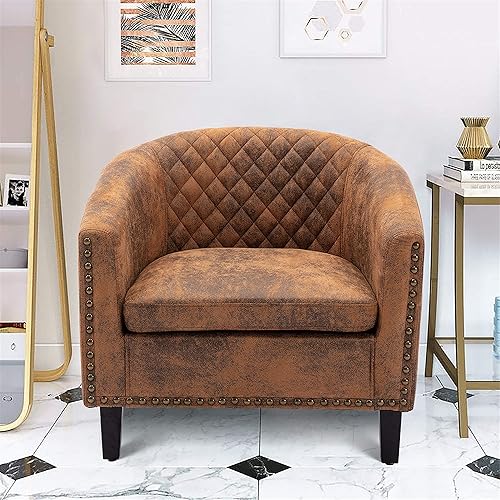 Miniatura 3 de Goujxcy Sillón de barril estilo club para sala de estar, acogedora y moderna silla de microfibra con cabeza de clavos y patas de madera maciza para