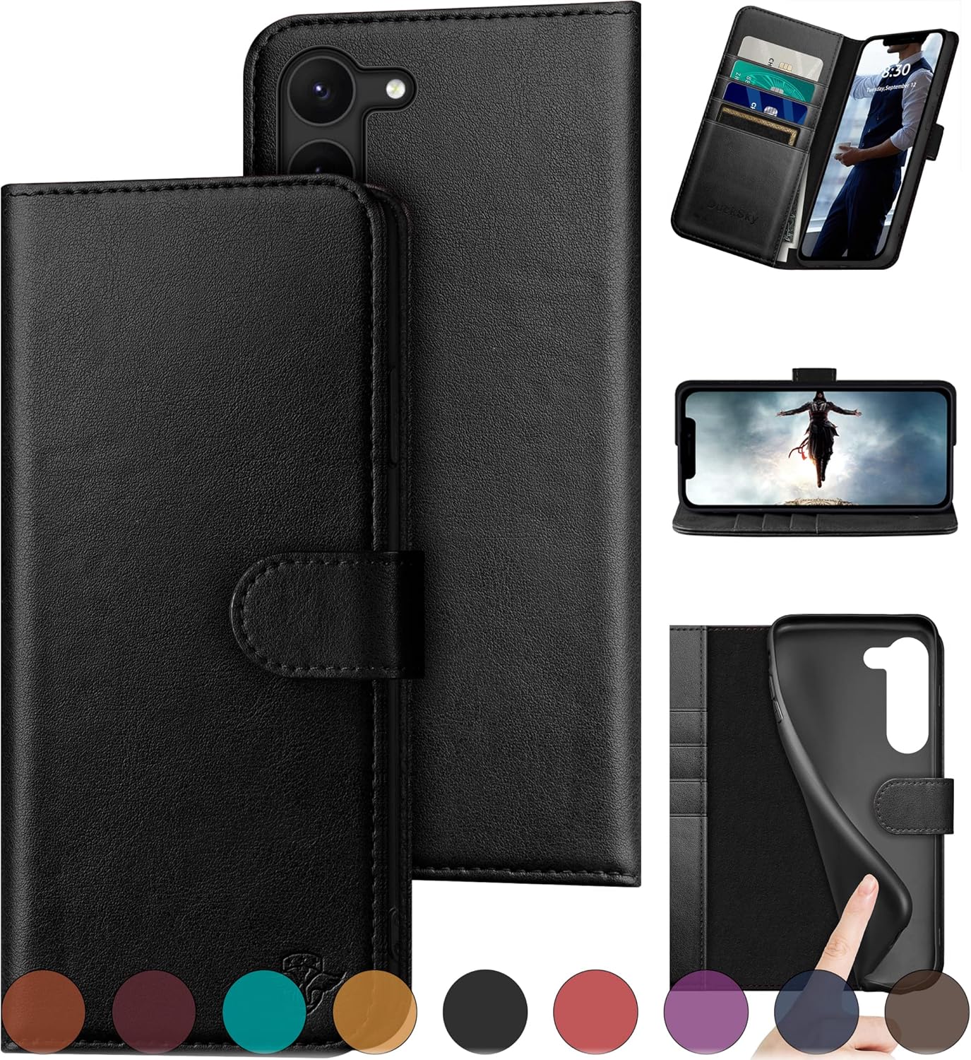 DuckSky for Samsung Galaxy S23 Plus Genuine Leather Wallet case RFID Blocking4 Credit Card HolderReal Leather Flip Folio Book Phone case Protective Cover Women Men for S23Plus case Black