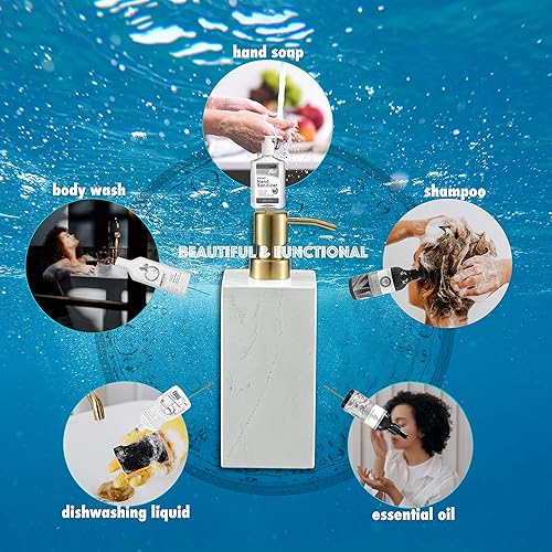 Miniatura 5 de LAGOM HOUSE Dispensador de jabón de mármol con parte superior de bomba de acero inoxidable dorado, piedra natural italiana blanca, dispensador de