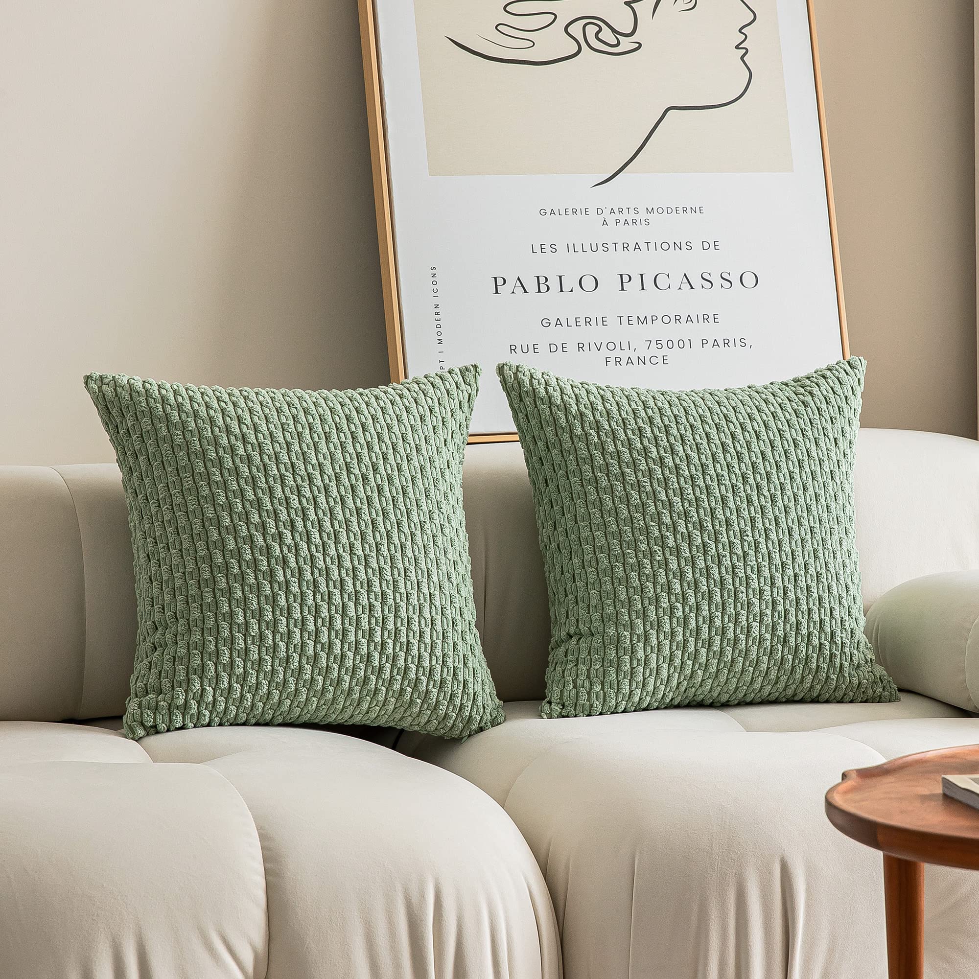 K KEVIN TEXTILE2 Packs Decorative Throw Pillow Covers 16x16 Inch for Living Room Couch Bed Sofa Soft Striped Corduroy Square Cushion Case 40x40 cm Farmhouse Boho Home Decor Sage Green