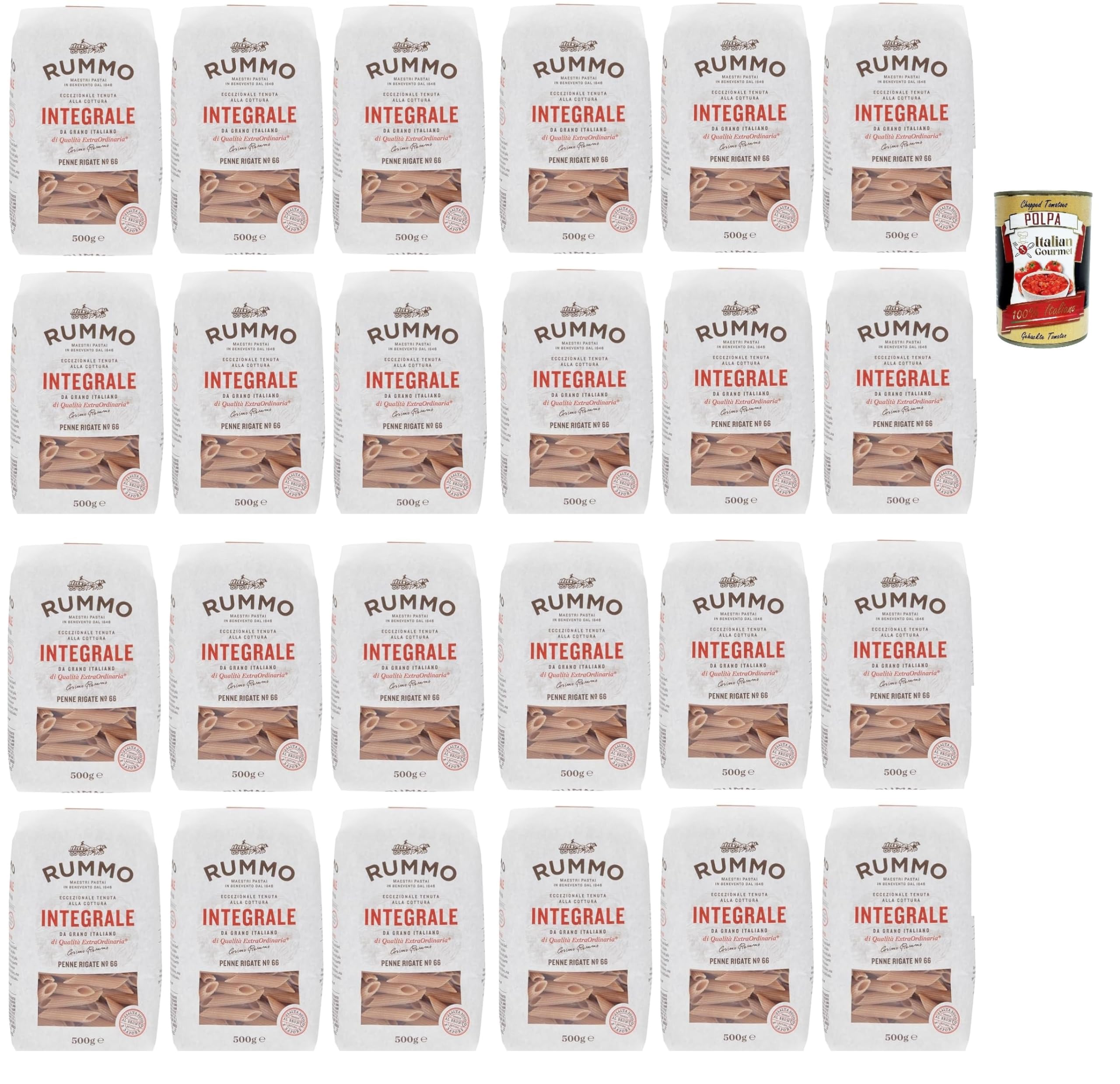 Italian Gourmet Penne Rigate N°66 Pasta integrale 24 x 500g Vollkorn Nudeln | Aus Hartweizengrieß, trafilata al bronzo, ballaststoffreich, ideal für, Gesamtnettogewicht 12 kg + Kostenlos Polpa 400g