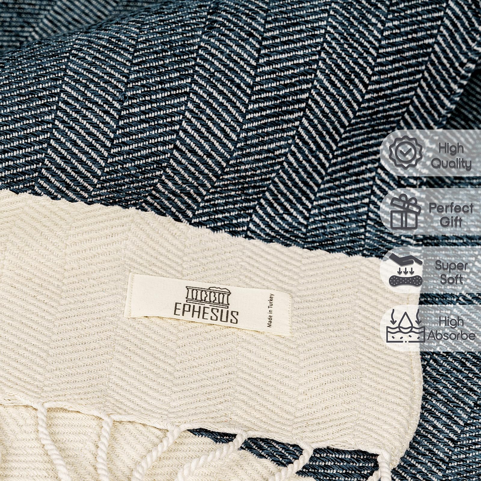 EPHESUS TOWELS Juego de 2 toallas de mano, 18 x 30 pulgadas, toalla de mano turca decorativa para baño, cocina, invitados, cara, cabello, té, paño de cocina (hueso de hueso, azul oscuro)