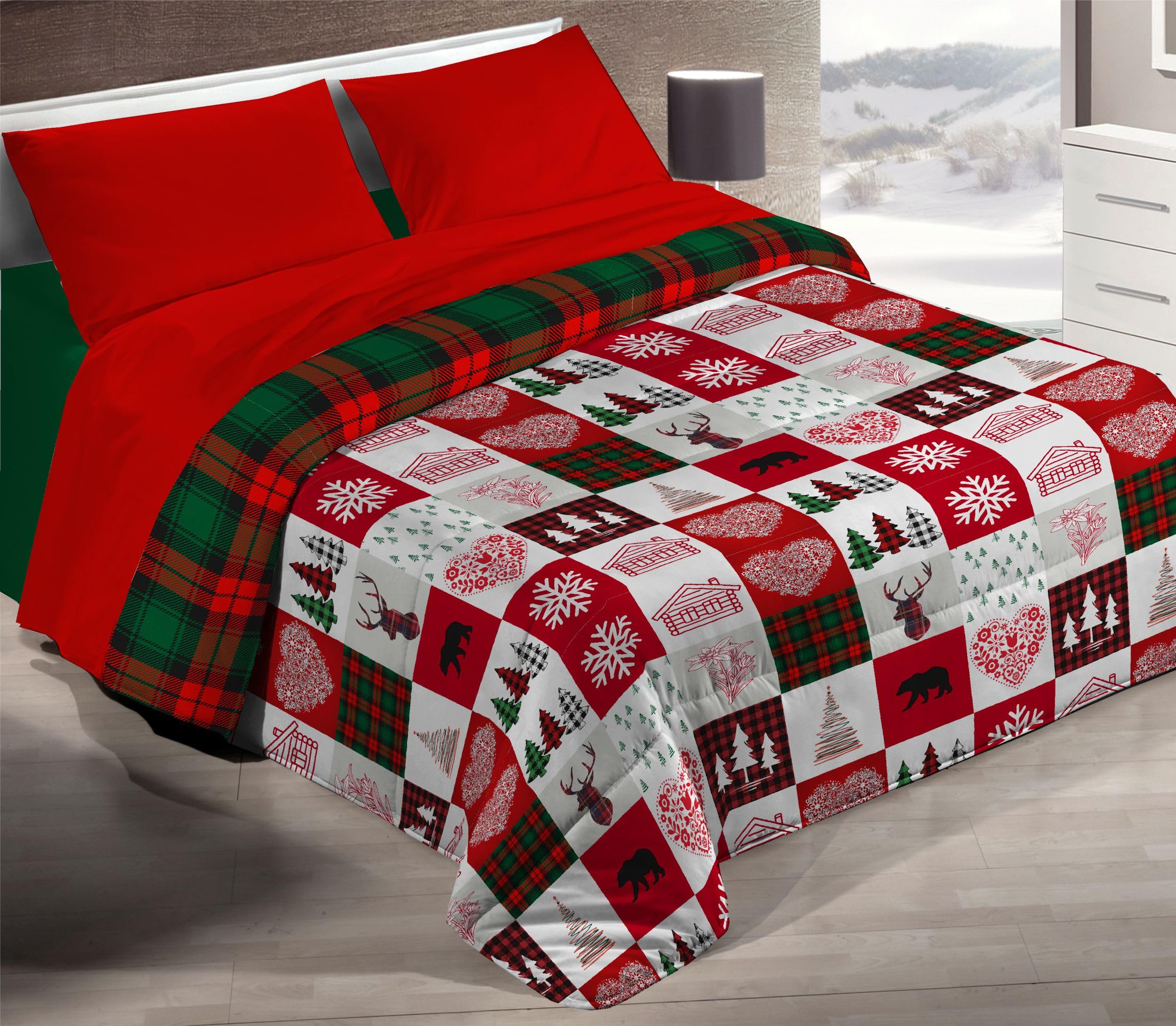 Tata Home Trapunta Invernale Matrimoniale in Calda Morbida Microfibra Piumone Piumino Autunno Inverno Coperta Letto Trapuntata Misura 260x260 cm Fantasia Tirolese Dis.4 Patchwork Rosso