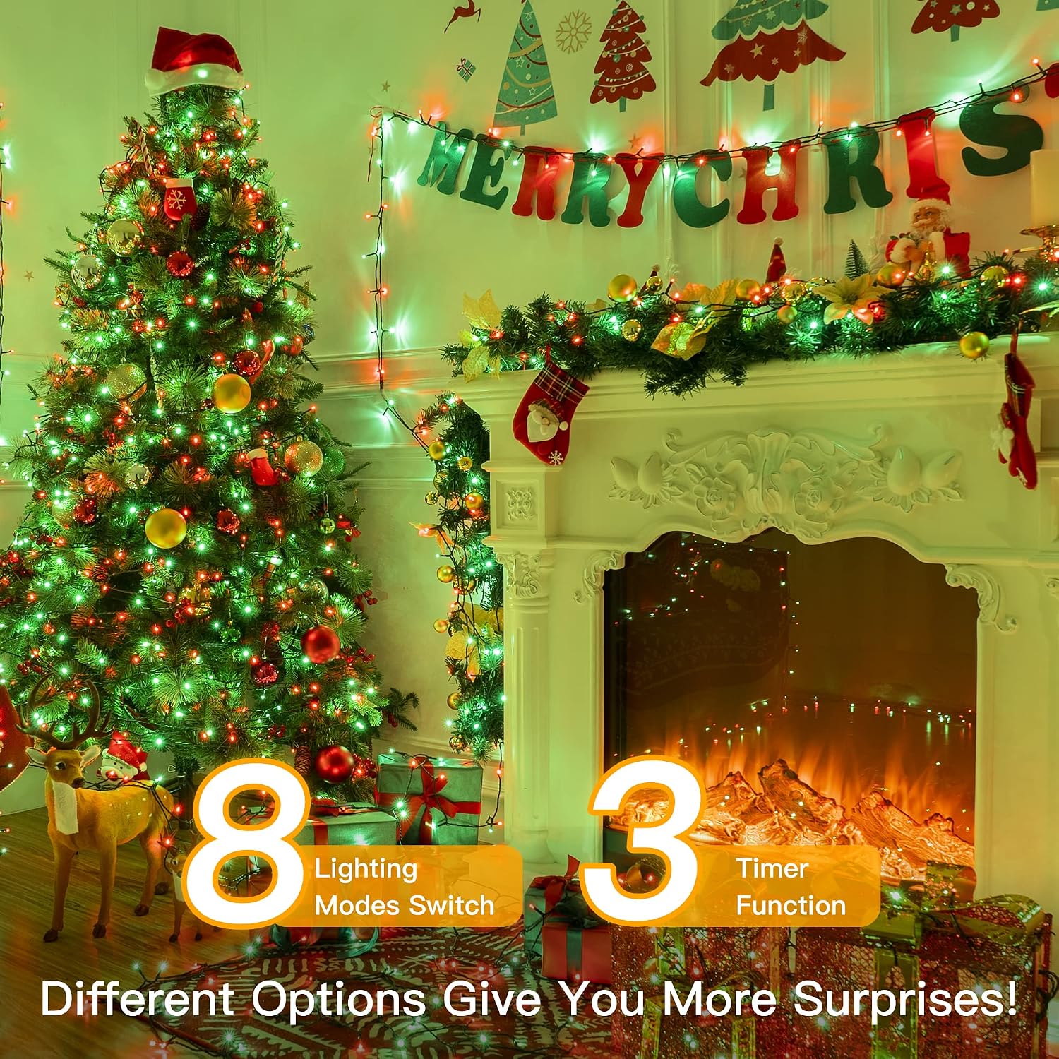 Ollny Christmas Lights 400LED 132FT, Remote Plug-in Red & Green Tree Lights with Timer and 8 Modes, Waterproof for Indoor/Outdoor Xmas Decorations