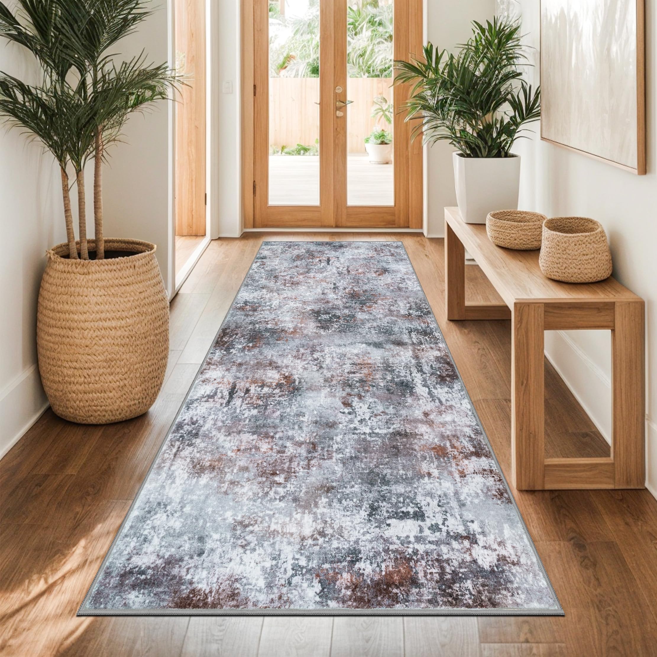 Capslpad Abstrakter Teppich Läufer Flur 80x200cm Waschbar, Rot-grau